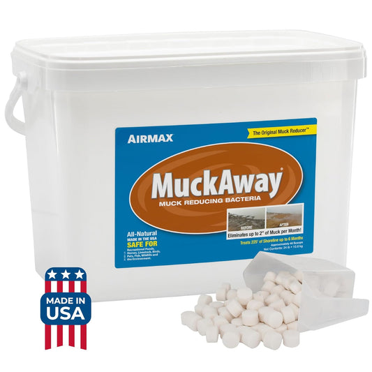Airmax MuckAway Natural Beneficial Bacteria for Outdoor Ponds & Lakes, Muck, Sludge & Noxious Odor Solution, Easy to use Enzyme Tablets, Cleaner Beach & Shoreline, Fish, Pet & Wildlife Safe, 48 Scoops