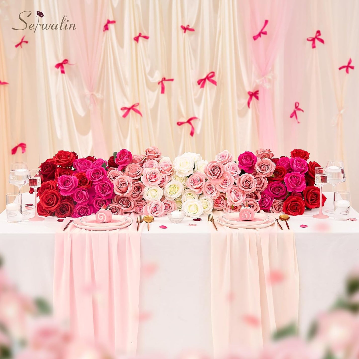Serwalin 20pcs Artificial Pink & White Roses, 4'' Big Flower Head, Fake Velvet Roses, Silk Roses Long Stems Realistic Bouquet for Wedding Parties Table Centerpiece and Home Decor