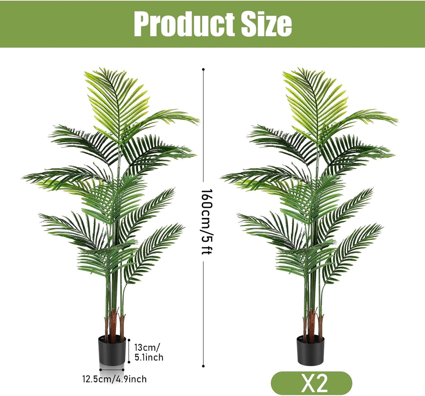 Jexine 2 Pack Artificial Palm Trees 5Ft, Fake Plants Fake Trees Artificial Areca Palm Plants for Outdoor Indoor Faux Palm Tree in Pot for Pool Home Decor Office Housewarming Gift Modern Decoration