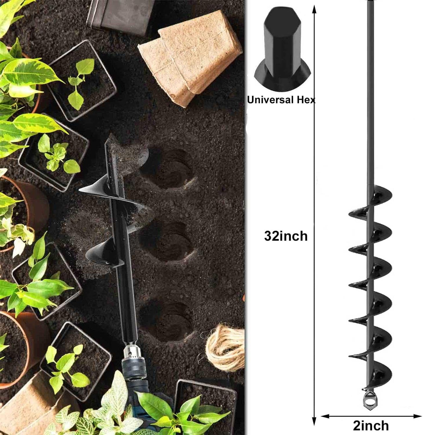 Auger Drill Bits for Planting 3x16.5in and 2x32in Solid Shaft Plant Flower Bulb Auger Spiral Hole Drill Rapid Planter Earth Post Umbrella Hole Digger for 3/8" Hex Drive Drill (2, 3"x16.5"+2" x32in)
