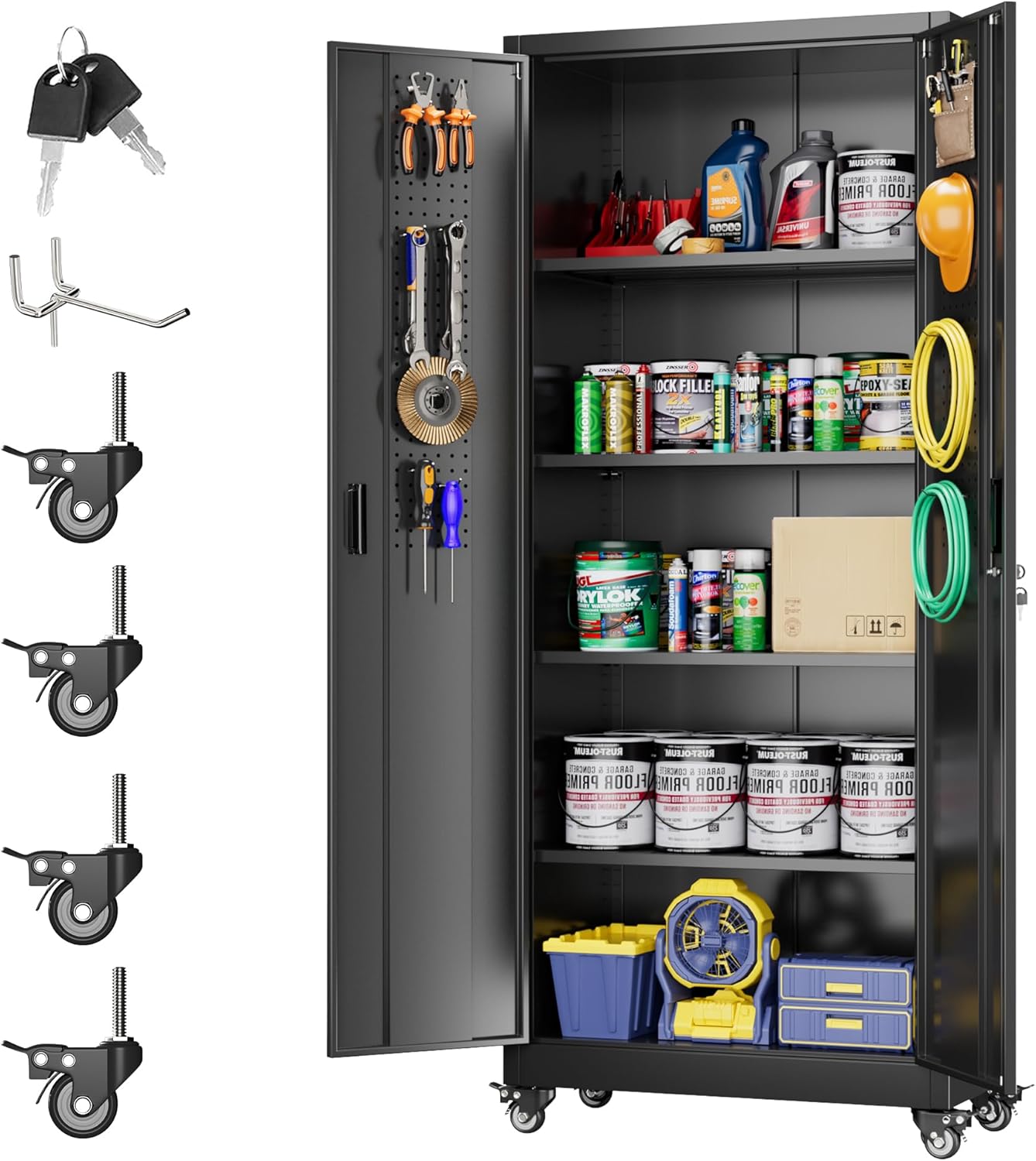 Metal Storage Cabinet with Wheels, Pegboard and 4 Hooks, 73" H Garage Storage Cabinet with 4 Adjustable Shelves and 2 Lockable Doors for Garage Home Office Warehouse, Black, Assembly Required
