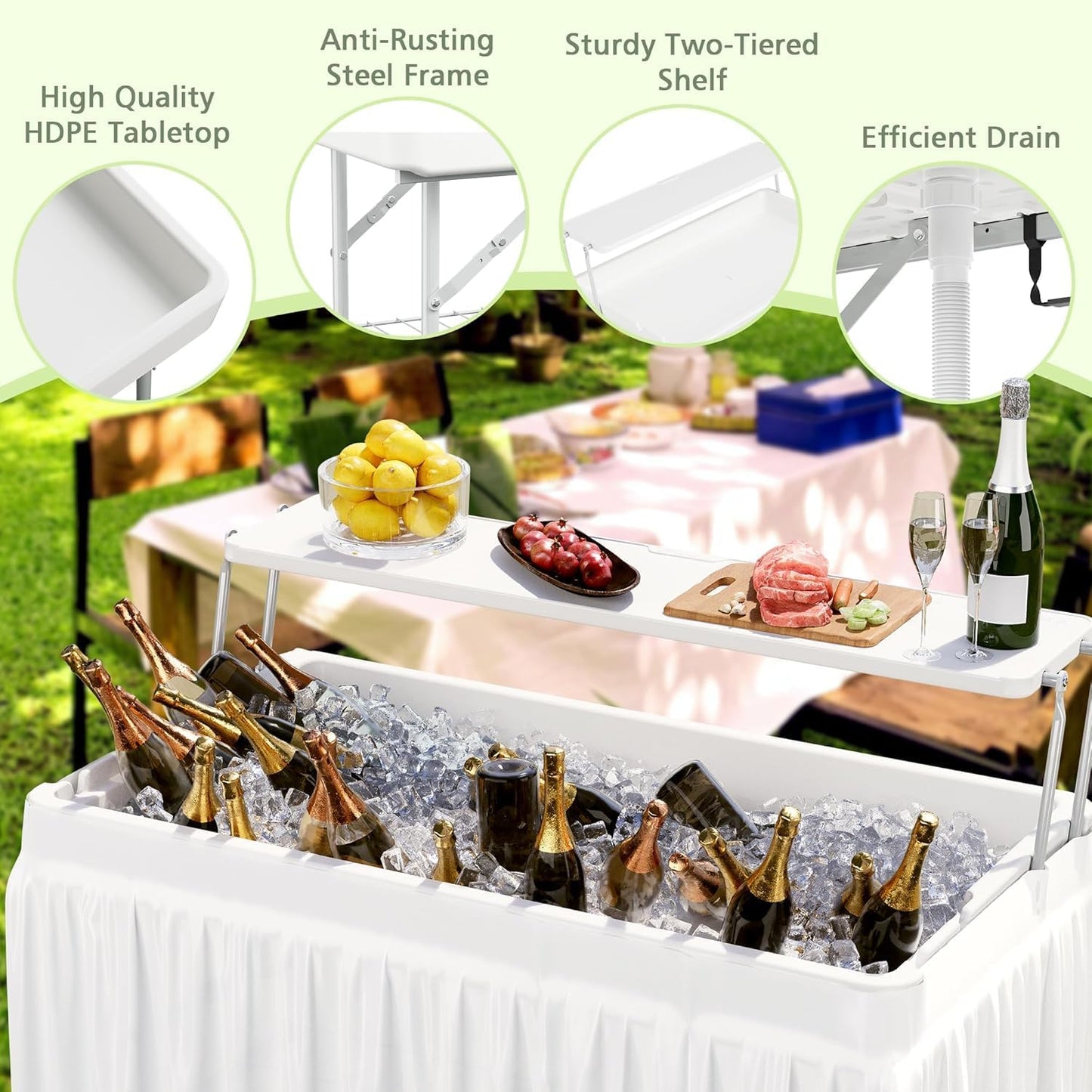 Outdoor Ice Cooler Folding Table with Extra Storage Shelf,Ice Tables for Parties with Drain,Cooler Server for Camping, Picnic, Wedding, BBQ, White