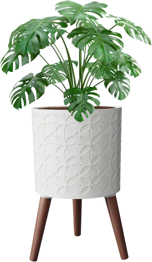 10 Inch Planter Pot with Stand, Planter for Indoor Plants, Modern Large Flower Planter Pot with Drainage Holes for Outdoor,Matte White