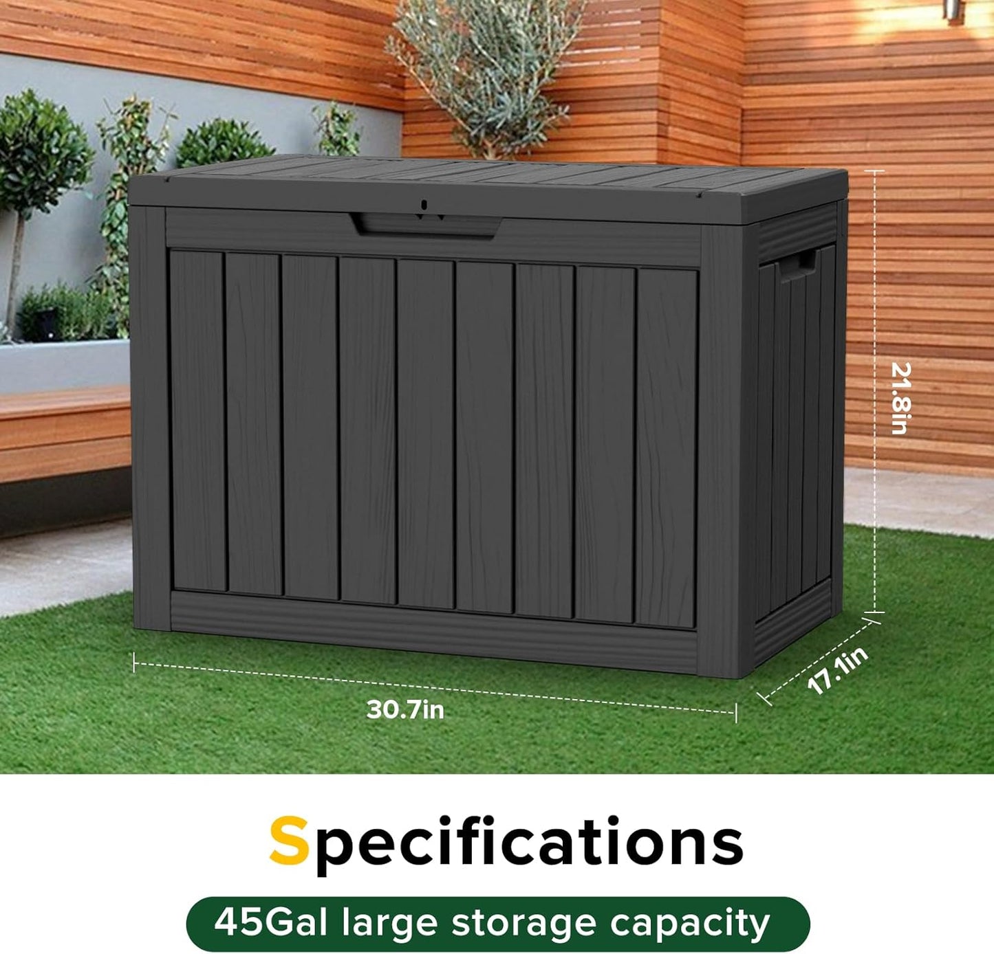 47 Gallon Outdoor Deck Box,Storage Lockable Waterproof Patio Furniture,Garden Tools,Cushions,Pool Accessories Outside Storage Resin Box(Black)