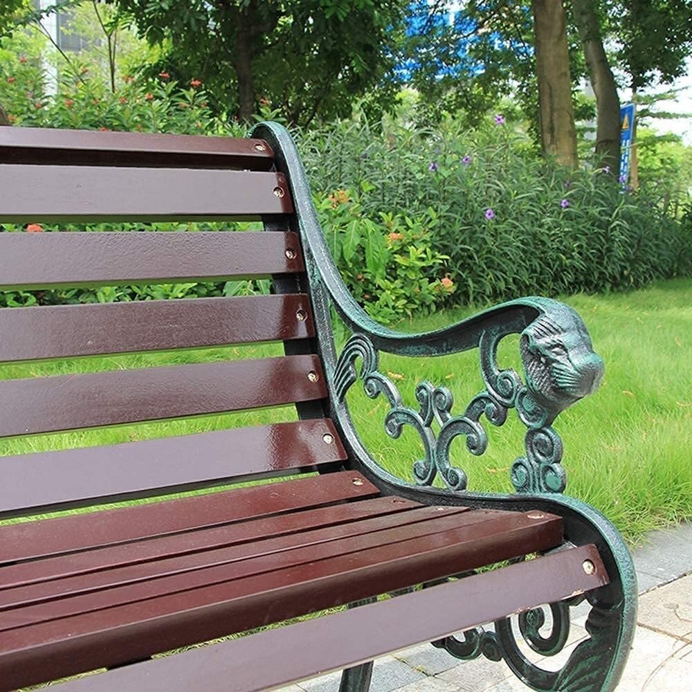 Outdoor Park Garden Bench with Cover, 2-3 Person Wood Patio Bench with Backrest+Armrests Weatherproof, Patio Porch Furniture Cast Iron Frame Bench for Lawn Porch Backyard(Brown+Antique Green)