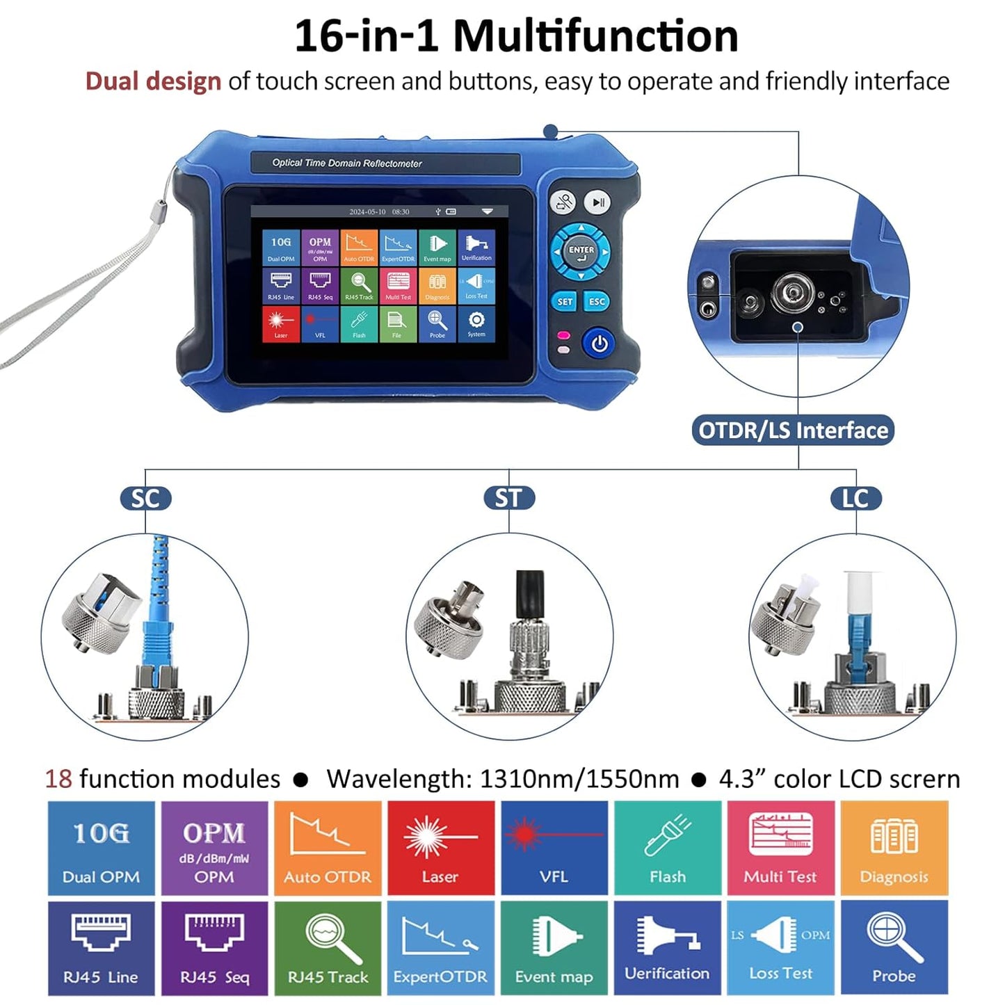 16-in-1 OTDR Optical Fiber Tester 1310/1550nm,4.3' Touch Screen and Event Map OLT (Optical Loss Test), Fiber Tester Built-in VFL OPM LS/OLS/RJ45,Functions RJ45 Cable Tester Network Tools