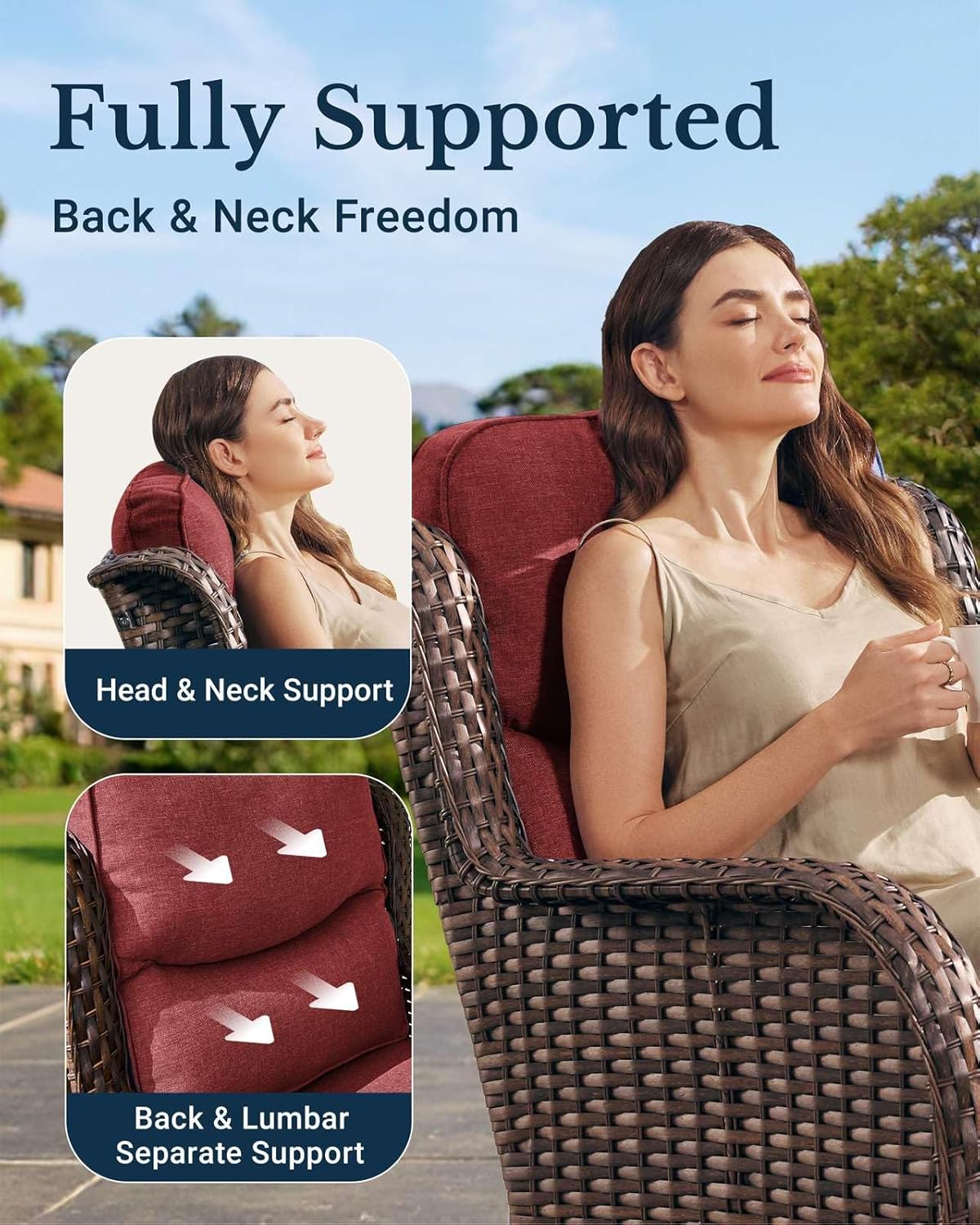 HILLGA Luxury Patio Furniture Set with 6-inch Thick Cushion, Outdoor High Back Swivel Rocker Patio Chairs, 6PCS Wicker Conversation Set for Deck Yard and Poolside, Burgundy (V2)