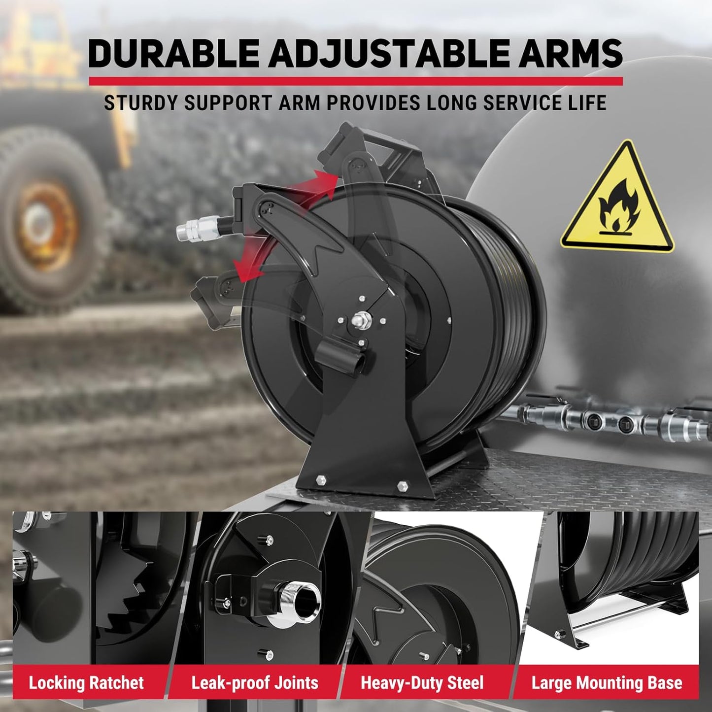 Retractable Fuel Hose Reel 1" x 50' with Fueling Nozzle, 300 PSI Heavy Duty Steel Construction Industrial Auto Swivel Spring Driven Diesel Hose Reel for Aircraft Ship Vehicle Tank Truck, Black