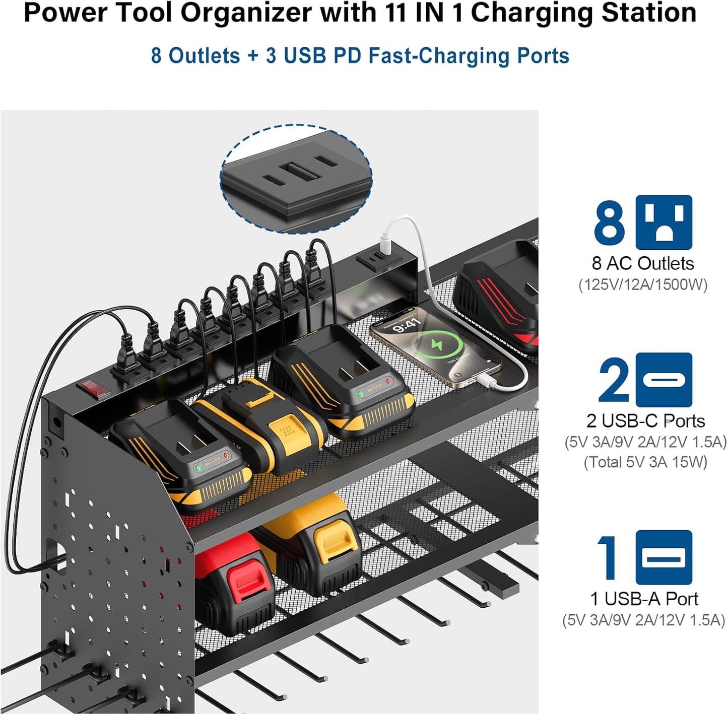 JUNNUJ Large Power Tool Organizer Wall Mount with Charging Station. Garage 8 Drill Holder Tools Battery Storage Shelf, Heavy Duty Utility Storage Rack Built in 8 Outlet 3 USB 6 FT Power Strip