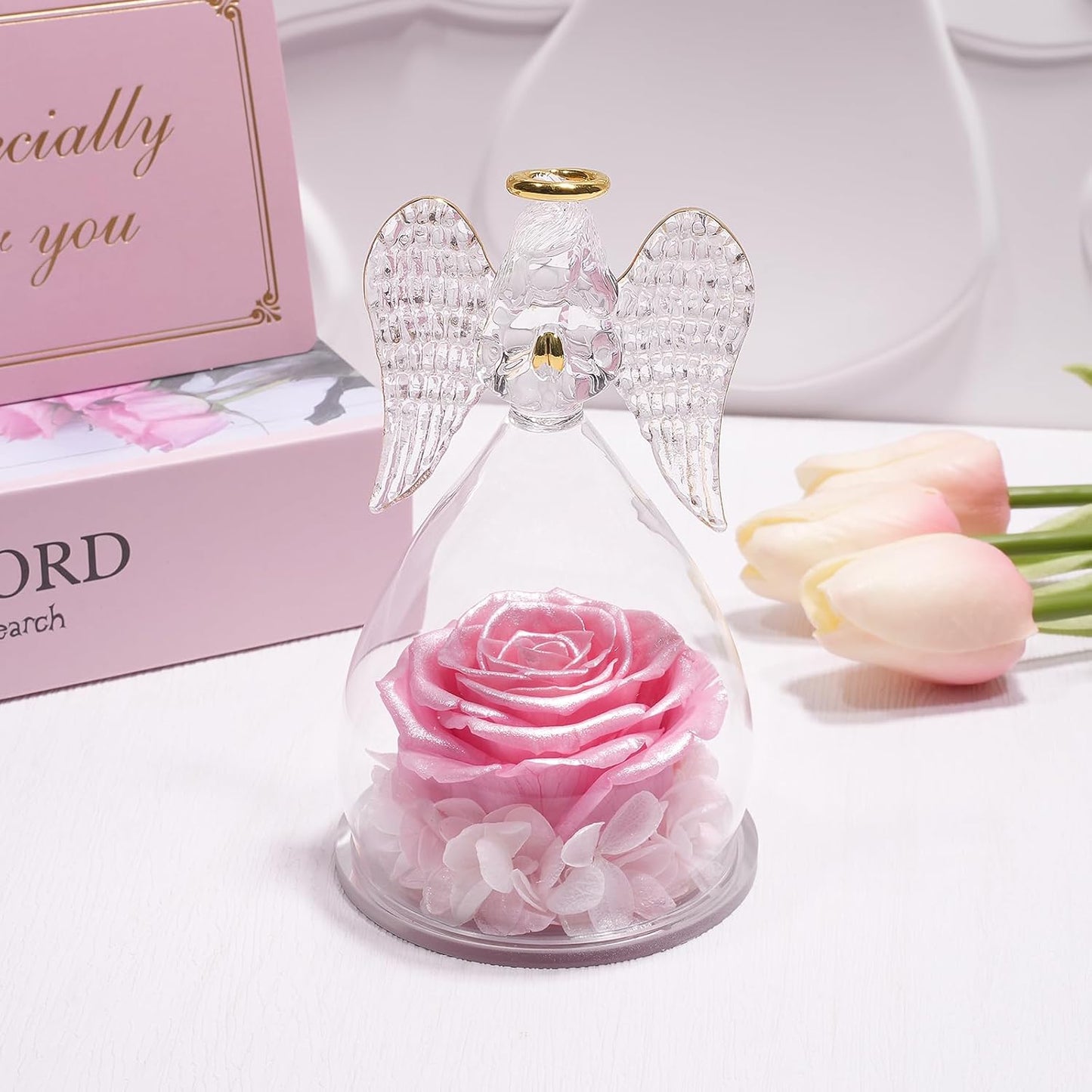 Yamonic Mom Birthday Gifts for Mom, Glass Angel Figurines with Real Rose Gifts for Moms Grandma, Preserved Flowers Real Rose Mothers Day Birthday Valentine’s Day Angel Gifts for Women Her(Pearl Pink)