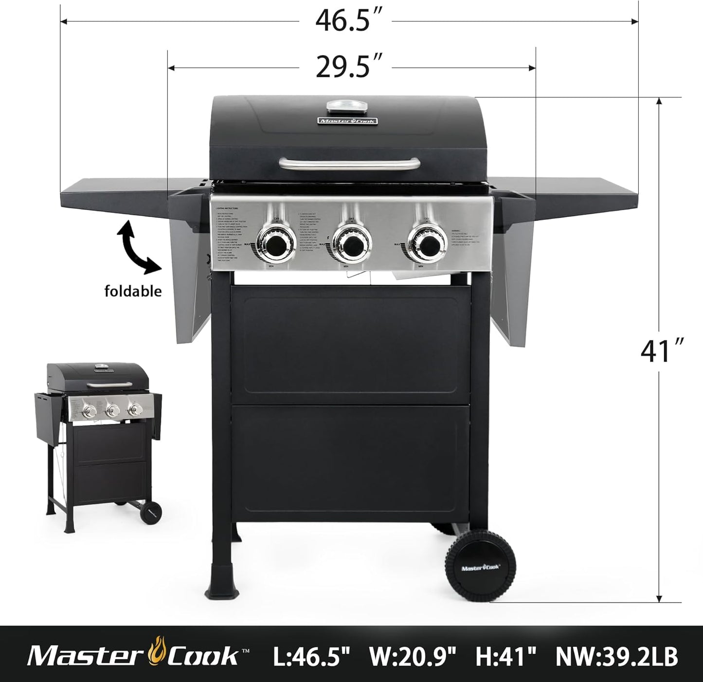 MASTER COOK 3 Burner BBQ Propane Gas Grill, Stainless Steel 30,000 BTU Patio Garden Barbecue Grill with Two Foldable Shelves