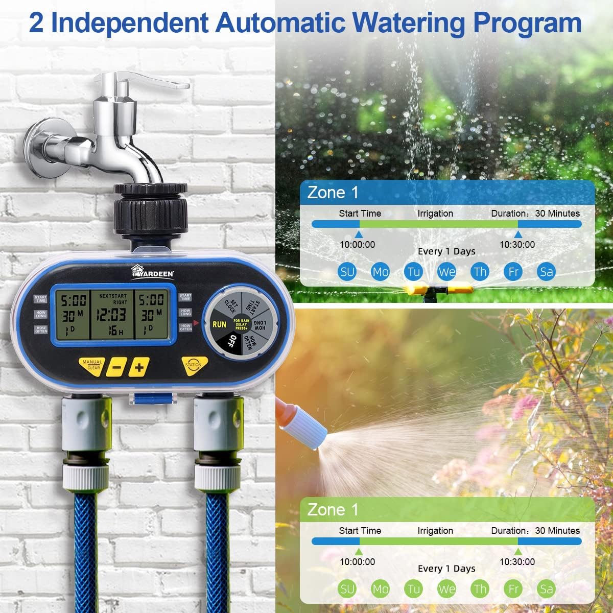 Sprinkler Timer for Garden Hose, Programmable Hose Timer with Rain Delay/Manual/2 Solenoid Valves Garden Electronic Irrigation Controller System Color Blue