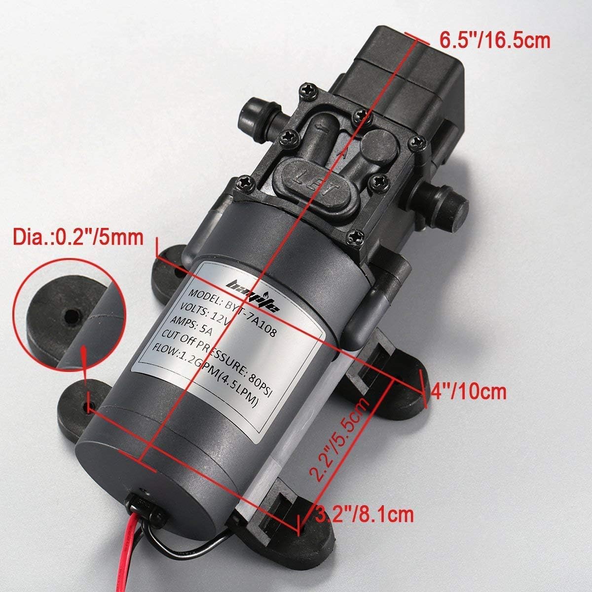 bayite 12V DC Water Transfer Pump with 2 Hose Clamps 12 Volt Diaphragm Pump Self Priming Sprayer Pump with Pressure Switch 4.5 L/Min 1.2 GPM 80 PSI for Weed ATV Marine Boat