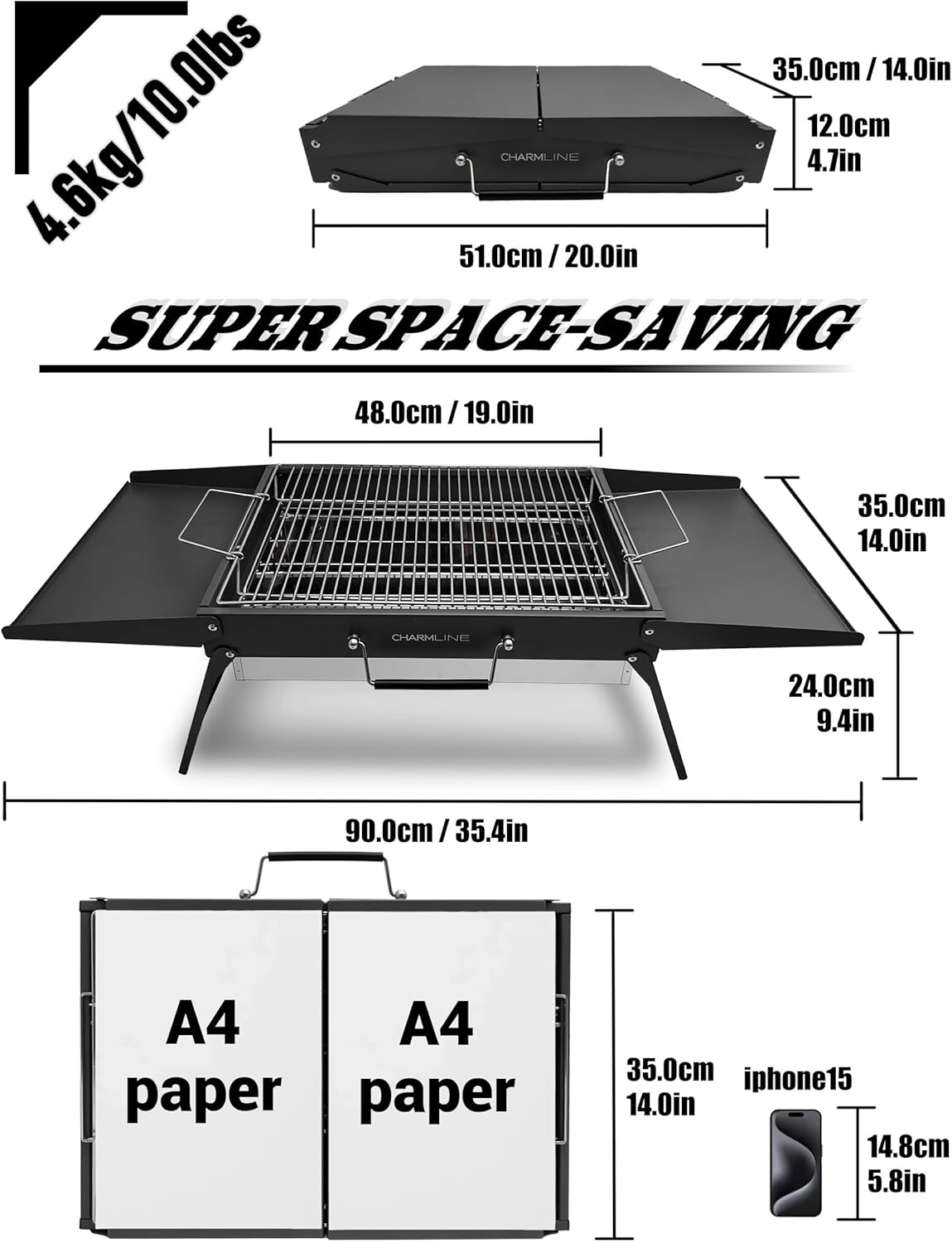Charmline 20x14inch Big Desktop Charcoal Grill, Liftable Grilling Net, Saving Space Grill for Indoor and Outdoor, BBQ Grill for Camping, Gardens, Picnics, Beach Parties, Black