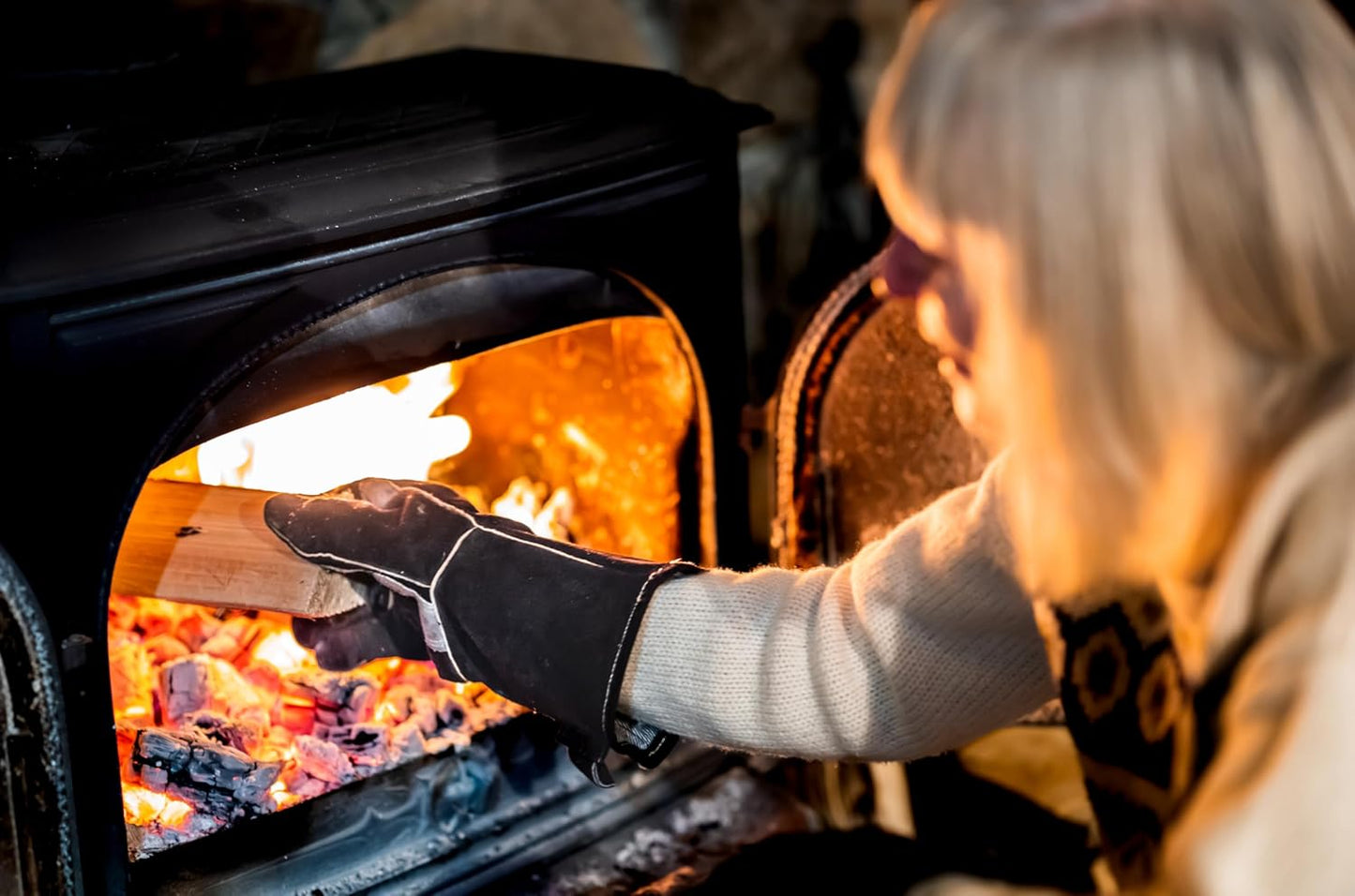 RAPICCA Fireplace Gloves Fire Heat Resistant: Black 14IN - Fireproof Leather for Fireplace Fire Pit Wood Stove Campfire Furnace BBQ Grill Oven Stick Mig Welding Welder Gear - Birthday Gift for men