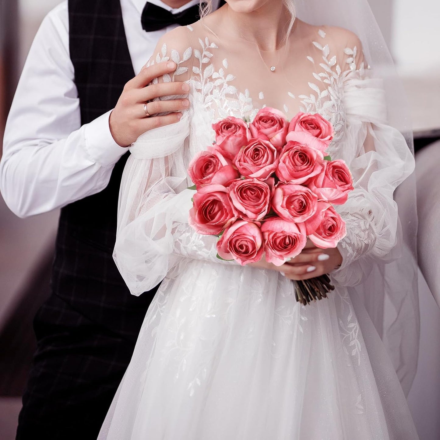 12 pcs Hot Pink Roses Artificial Flowers Vintage Burnt Edge Rose 20" Realistic Silk Roses Bouquet with Long Stem for Wedding Party Floral Centerpieces Decoration (Hot Pink)