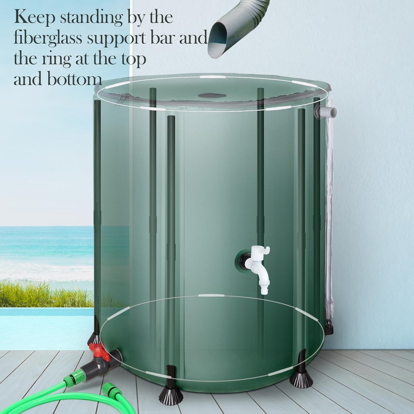 53 Gallon Collapsible Rain Barrel for Garden/Outside/Lawn, Portable Rainwater Collection System, Rain Barrel to Collect Rainwater from Gutter, Water Storage Tank with Two Spigots & Overflow Kit, Green