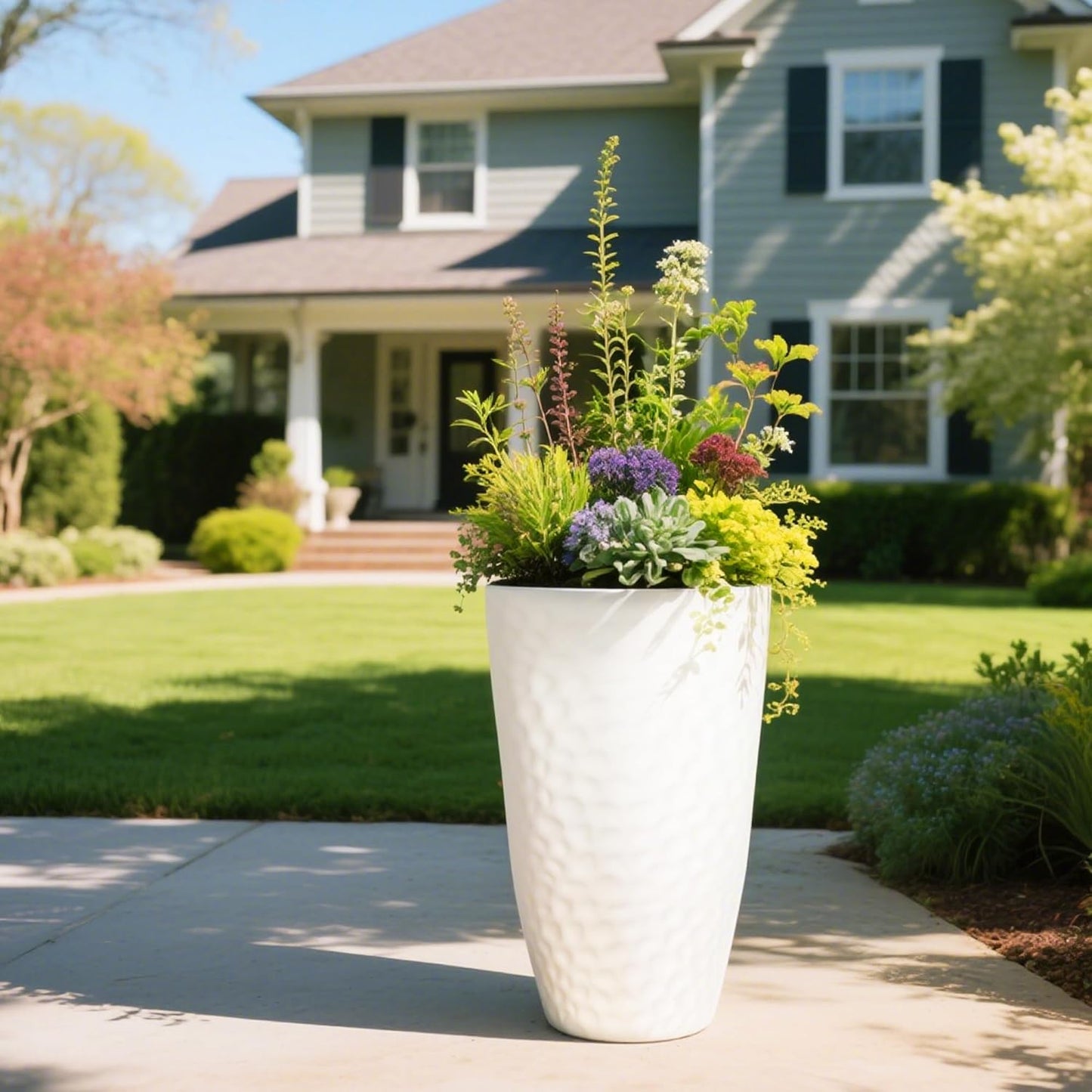 Worth Garden 24" H Tall Hammered Texture Planters Set of 2 - Matte White Plastic Flower Pot with Drainage Holes, Modern Outdoor Indoor Lightweight Pots for Large Plants, Durable Decor Containers