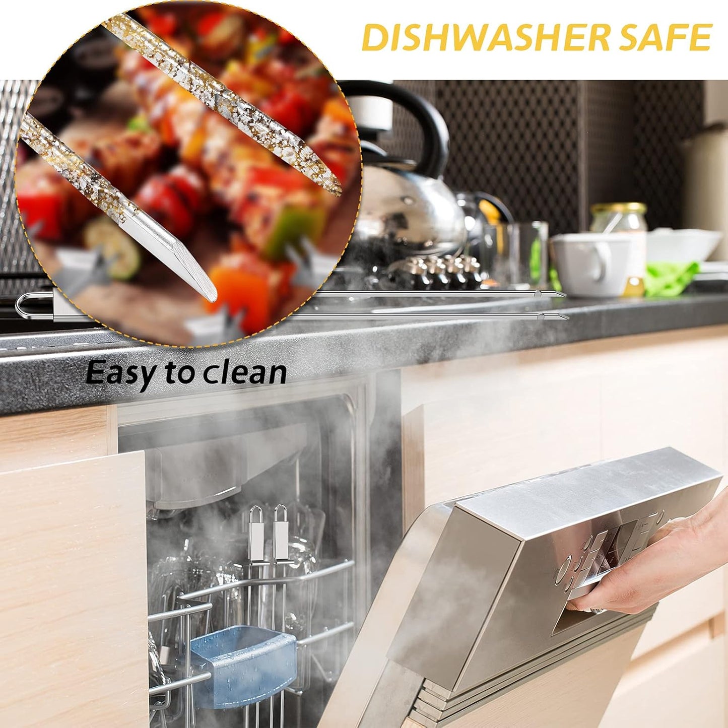 Lallisa Kabob Skewers - Metal BBQ Skewer Sticks with Push Bar for Meat, Chicken, Vegetable & Fruit (12 Pieces)