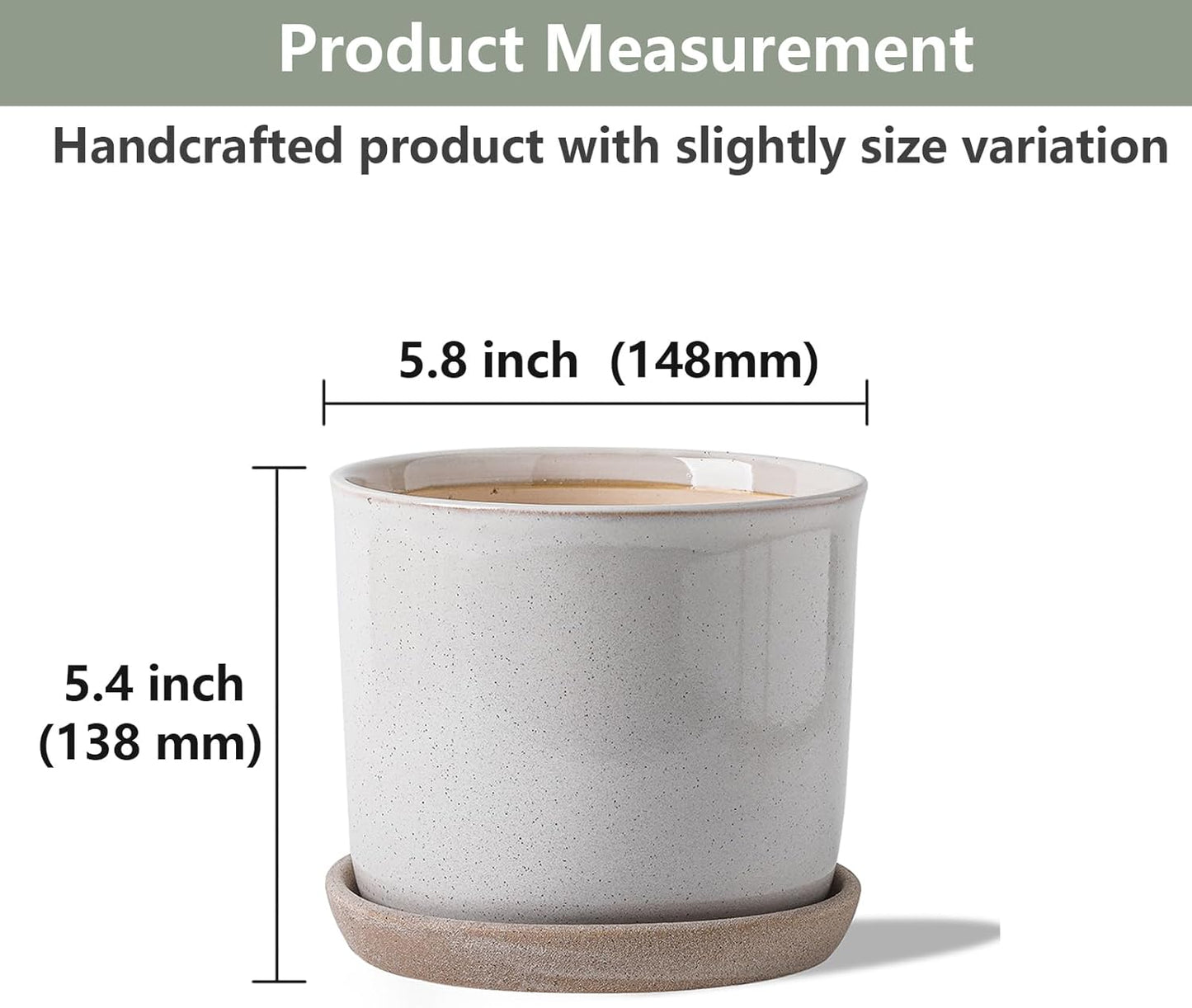 5.8 Inch Plant Pot: Ceramic Planter with Drainage Hole & Saucer for Indoor Outdoor Plants - Flowerpot with Bonded Tray for Home Office - Retro Style, Grey