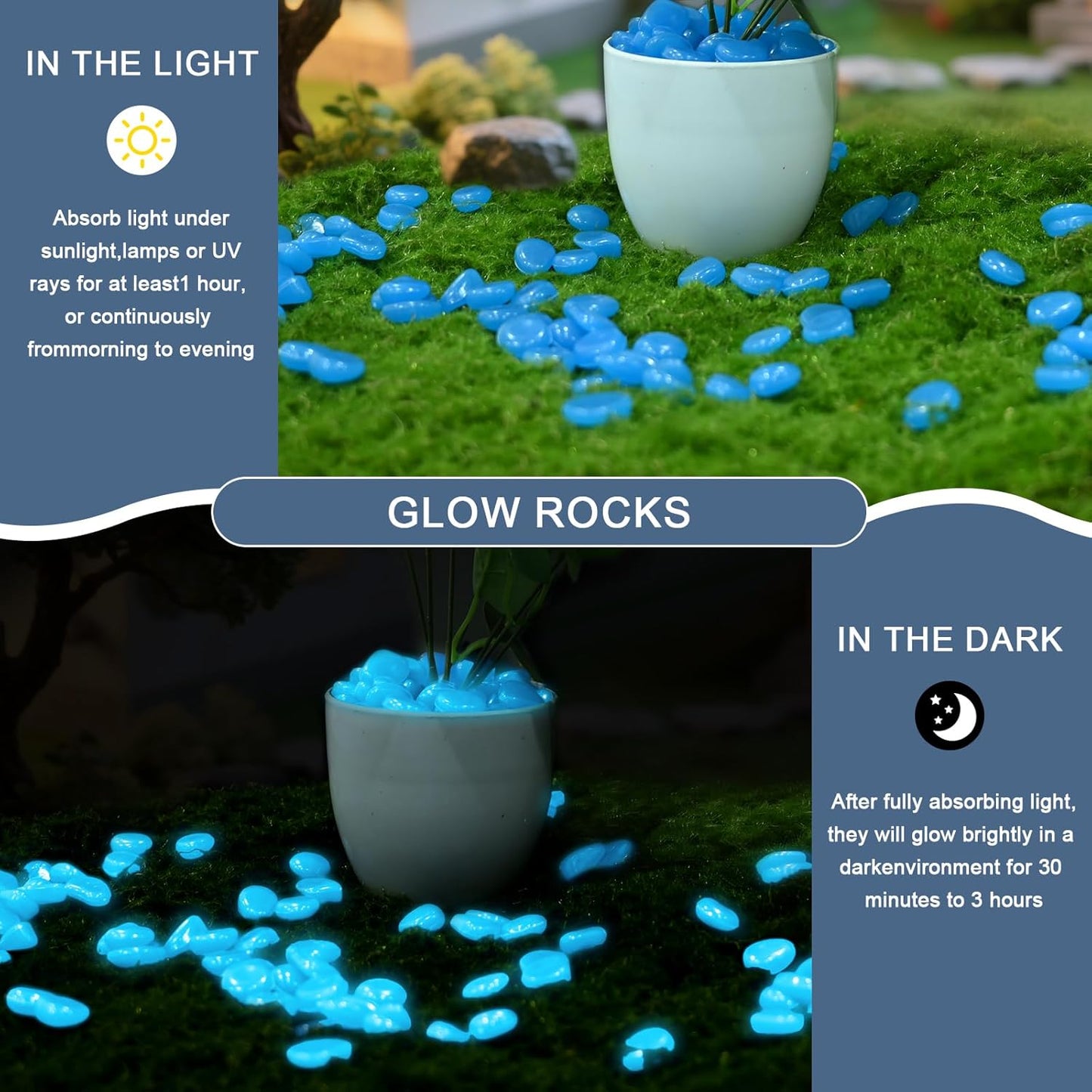 Oubest Glow in The Dark Rocks for Outdoor Landscaping Garden Stones, 0.8 Inch Glow Pebbles Luminous Stones Decorative Rocks for Vases Pathway Walkway Yard Patio Fountain Driveway, 150PCS, Multicolor
