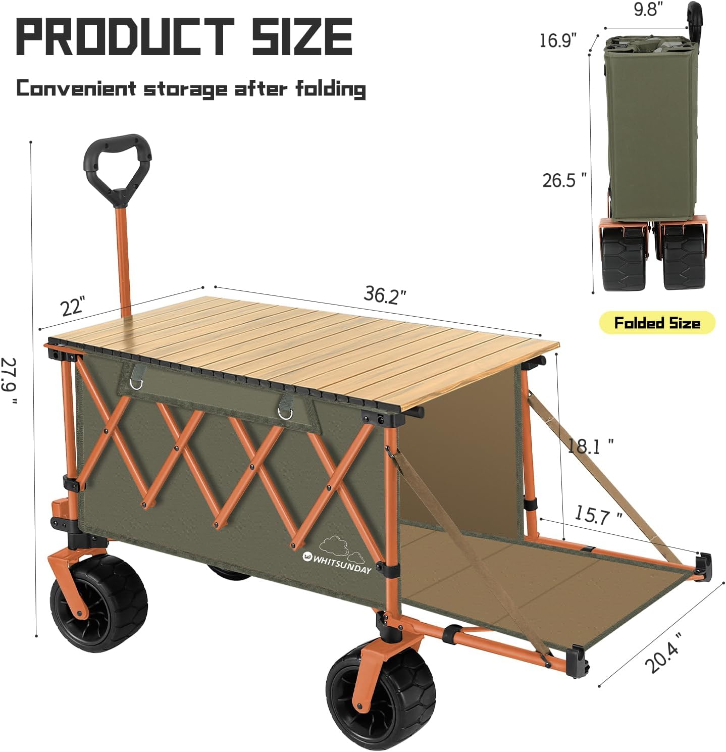 Whitsunday Collapsible Folding Wagon with Table, Heavy Duty Utility Beach Wagons with Opened Tailgate and All-Terrain Wheels for Camping,Garden,Sports (Max Orange)