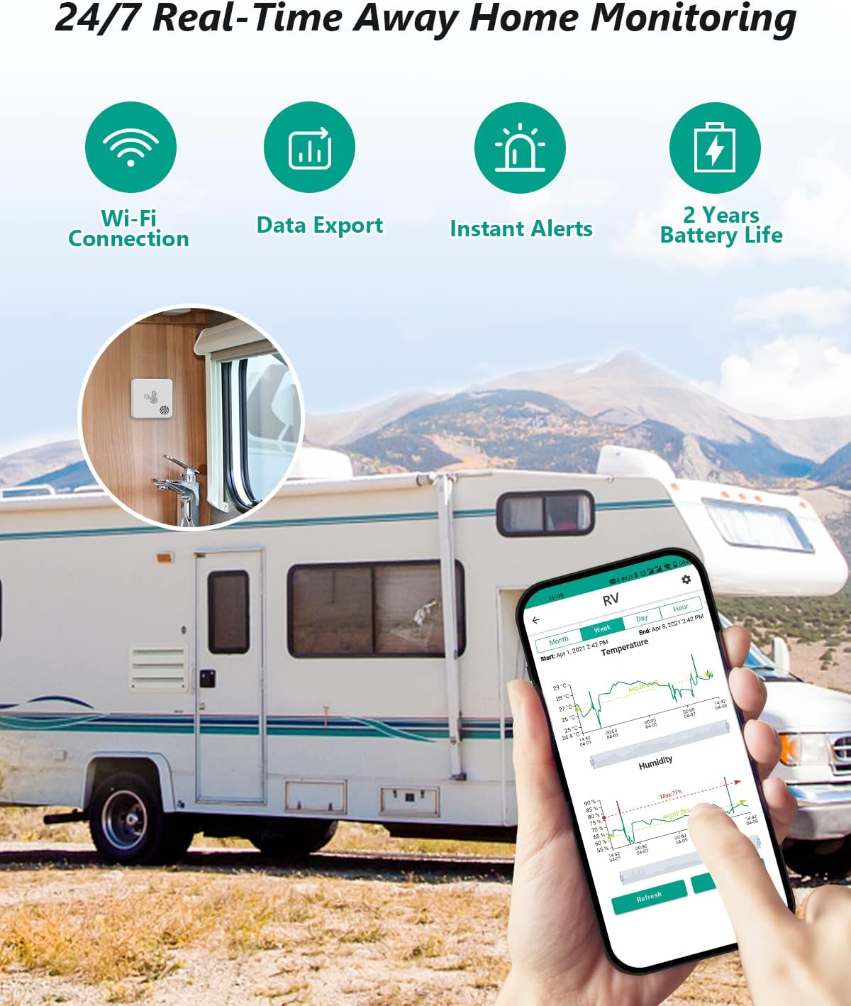 WiFi Room Thermometer Hygrometer, Remote Email App Alert, 2 Years Data Export, 2 Years Battery, No Subscription, 3 Smart Temperature Sensors for RV, Greenhouse, Vacation Home, HVAC