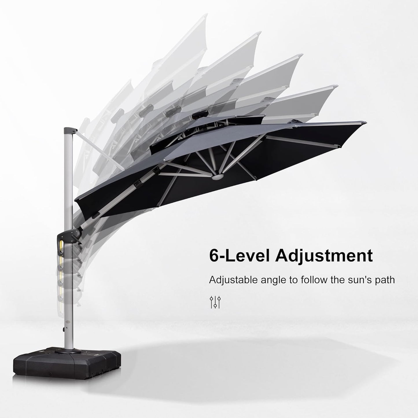 PURPLE LEAF 10ft Patio Umbrella With Base Solar powered LED Cantilever Umbrella with LED lights Windproof Outdoor Offset Umbrella for Garden Deck Pool Patio, Grey