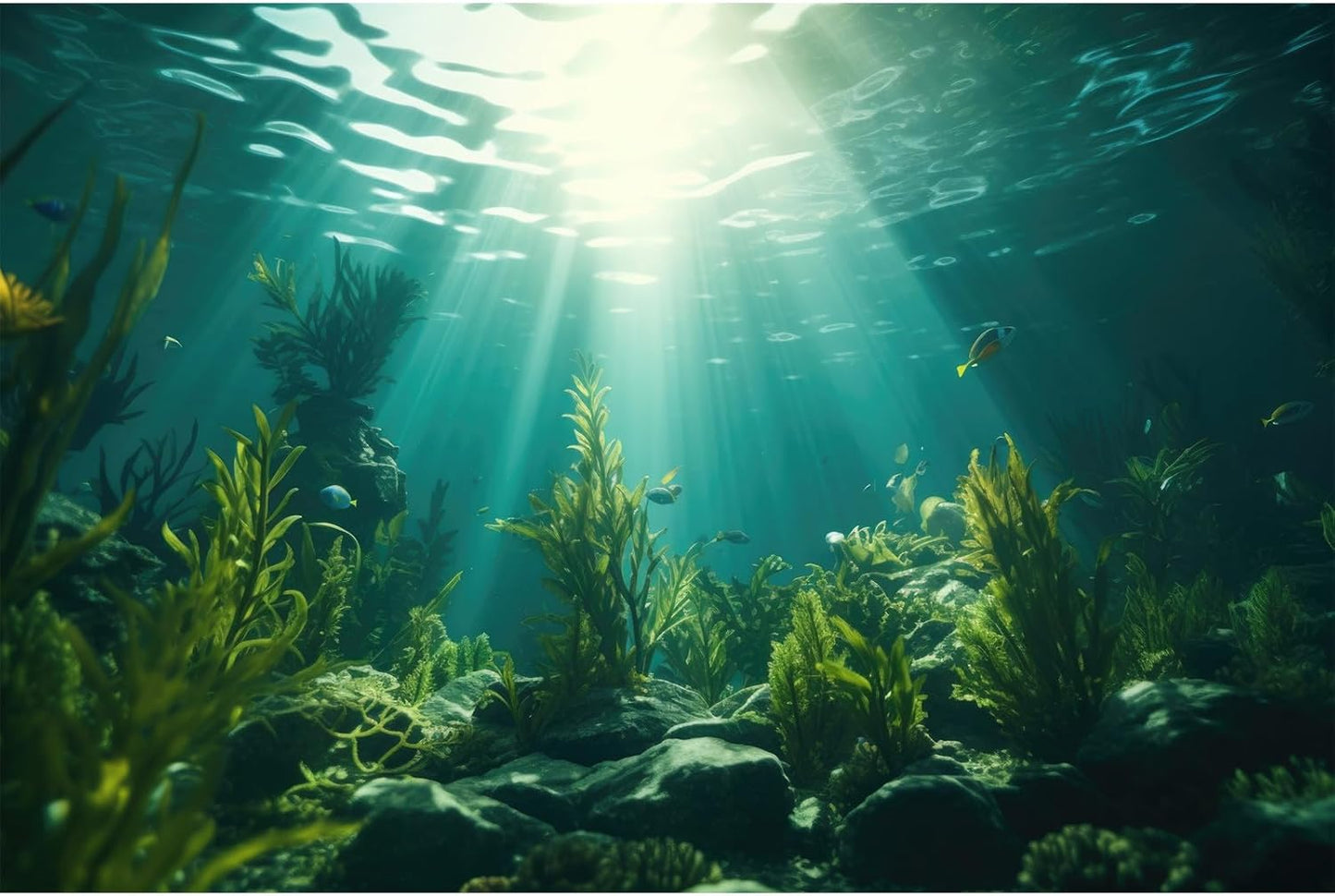 Ocean Aquarium Background Aquatic Plants with Rocks Terrarium Backdrop Sunlight Rays Deep Sea Fish Tank Background Aquarium Wallpaper Poster Decor Vinyl 72x16in