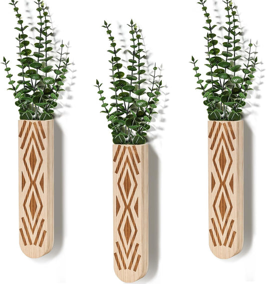 Wooden Wall Planter Set of 3 - Modern Bohemian Home Decor for Living Room, Bedroom, Bathroom - Beige Finish Planter for Dried Flowers, Faux Greenery, Indoor Plants