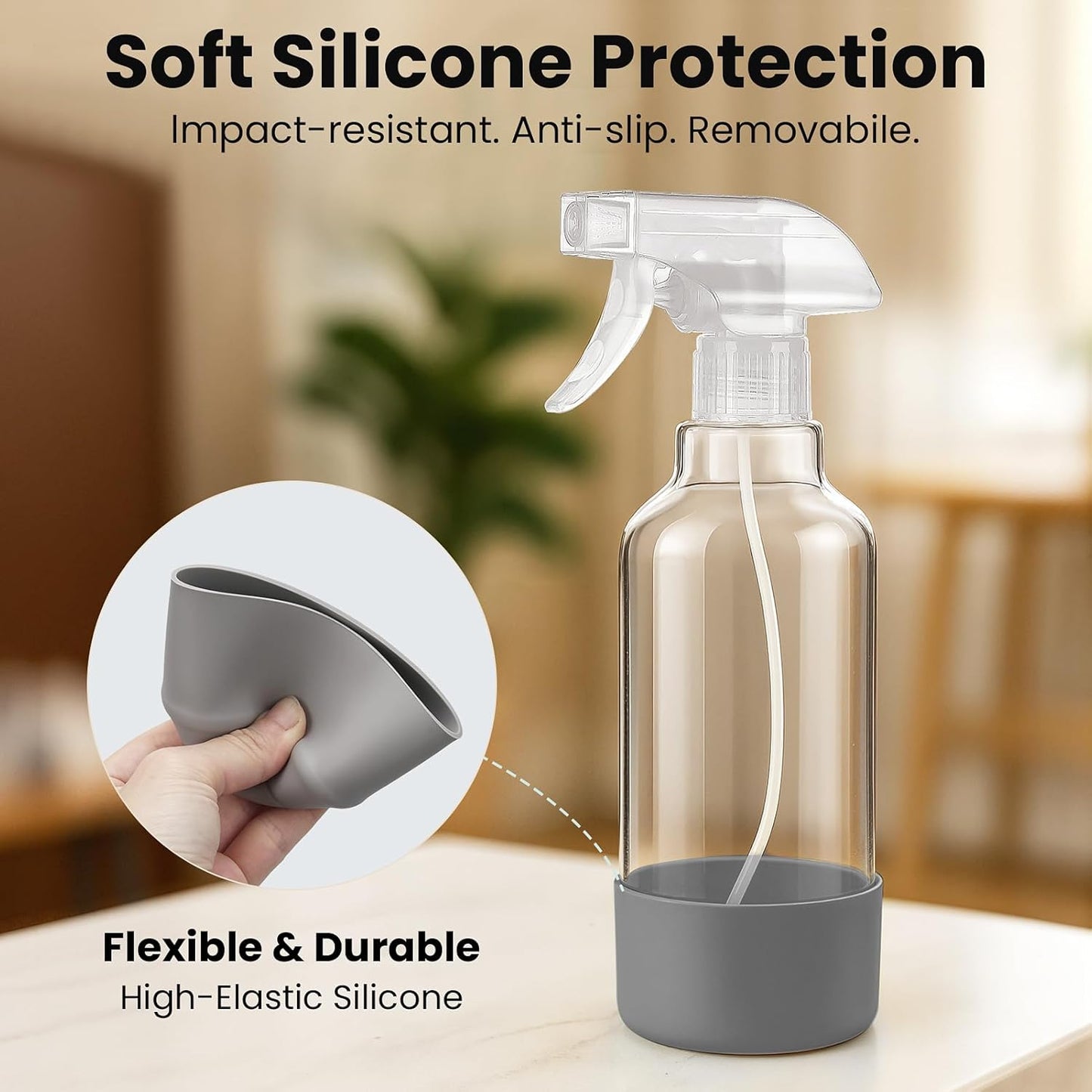 Glass Spray Bottles with Silicone Sleeve 16.9oz 2 Pack Empty Spray Bottle for Hair Mist/Stream Spraying for Cleaning Solutions, Plants, Essential Oils (clear-qblue&grey)