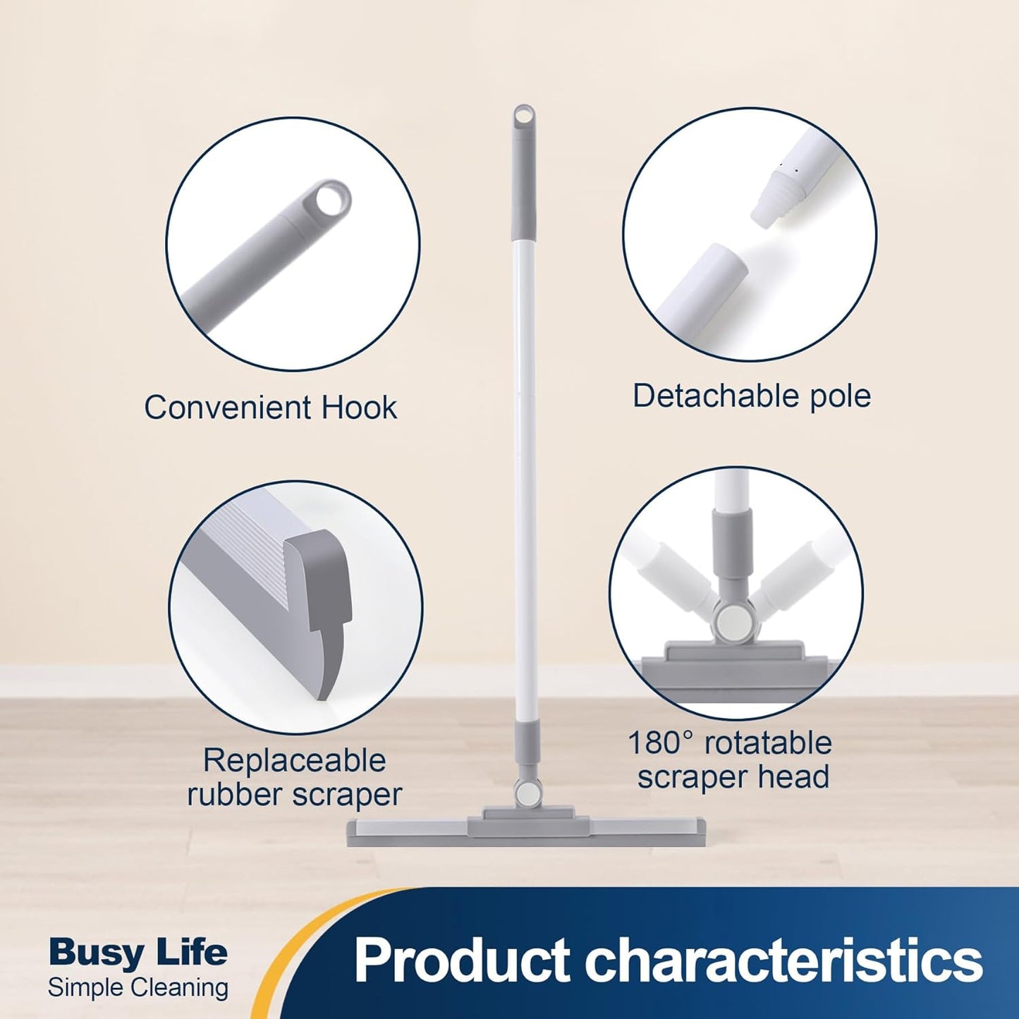 Yocada Rubber Floor Squeegee Broom TPR Blade Adjustable Scrubber Squeegee Household Broom for Shower Bathroom Kitchen Home Tile Pet Hair Fur Floor Marble Glass Window Water Foam Cleaning 53.15"