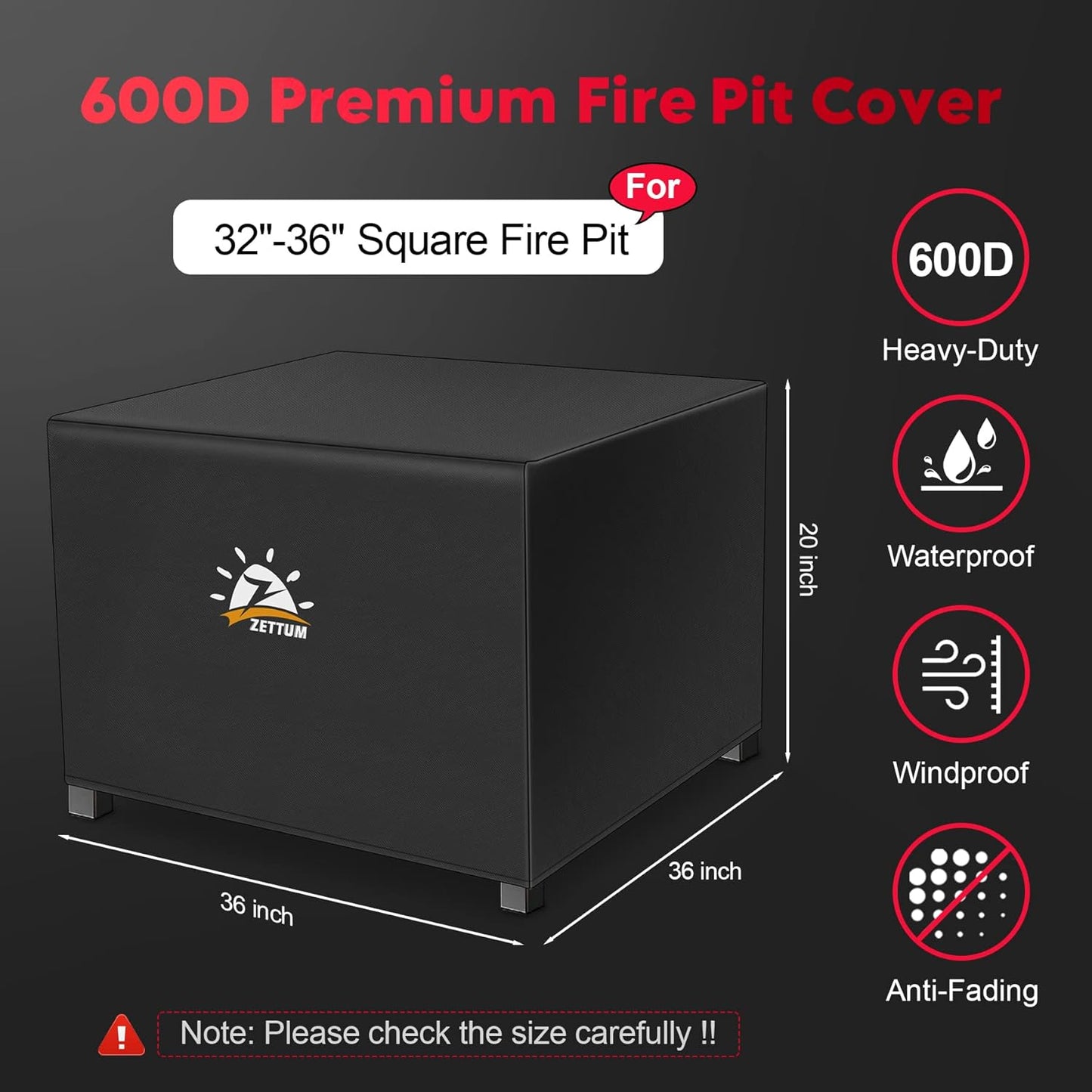 Fire Pit Cover Square 36 Inch - Outdoor Firepit Cover Heavy Duty & Waterproof, 600D Patio Fire Table Cover Gas Fire Pit Accessories Fit 34" Yaheetech Firepit - 36 x 36 x 20 Inch
