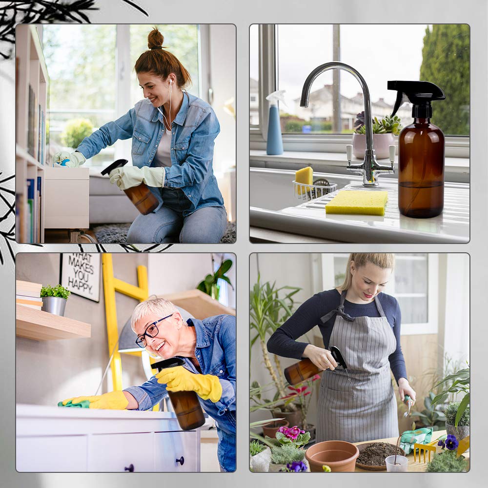 Glass Spray Bottles, 16oz Amber Glass Spray Bottles with Labels & Adjustable Nozzle, Reusable Containers for Cleaning, BBQ, Food, Plants, Alcohol, Essential Oils(1 Pack)