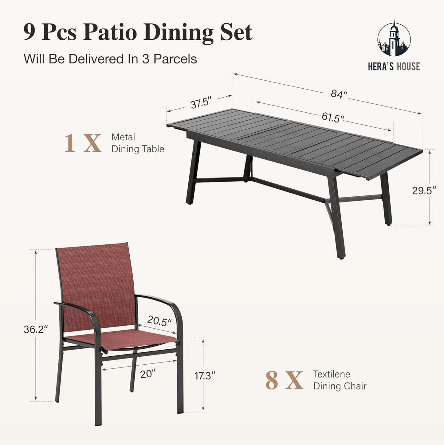 HERA'S HOUSE Red Patio Dining Sets for 8, Extendable Outdoor Table and Chairs Set, 9 Pieces Rectangular Metal Table Chairs for Patio Lawn Garden Porch