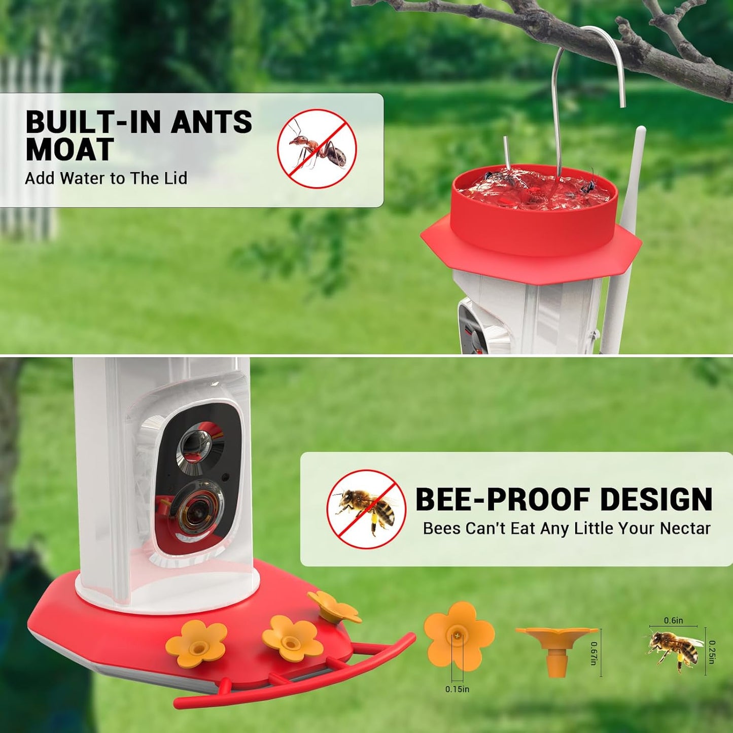 Hummingbird Feeder with Camera, AI Smart Identification Cloud Storage Function, Featuring Ant Moat Protection, Solar Power, Instant Notification, Automatic Bird Video Capture, and Motion Detection