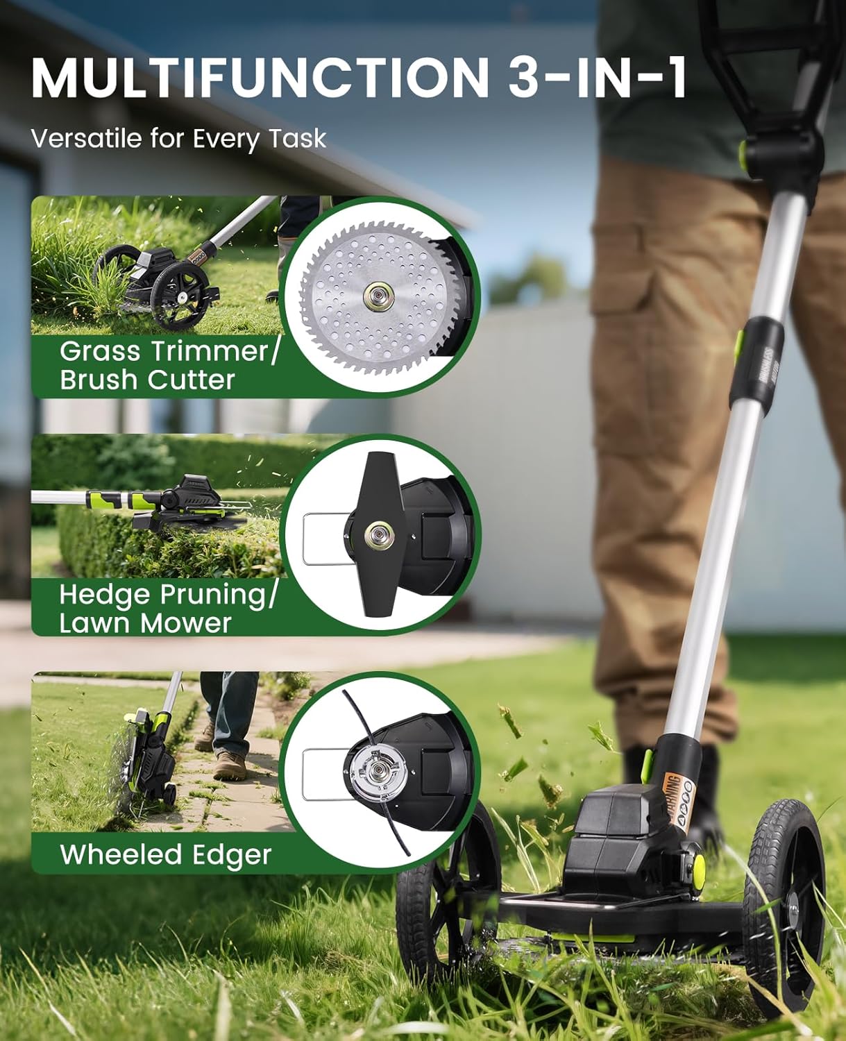 Electric Weed Wacker Cordless with Wheel, Brushless Grass Trimmer with 21V 4.0Ah Battery and Fast Charger, 3 Types of Blades String Trimmer, Weed Eater Battery Powered, Grass Cutter Machine