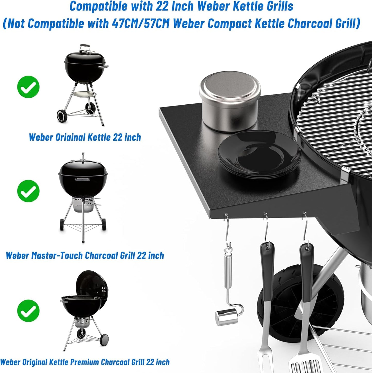 Charkettle Grill Table Shelf Compatible with Weber 22 Inches Kettle Grills, Outdoor Charcoal Grill Side Table BBQ Accessories with Hooks
