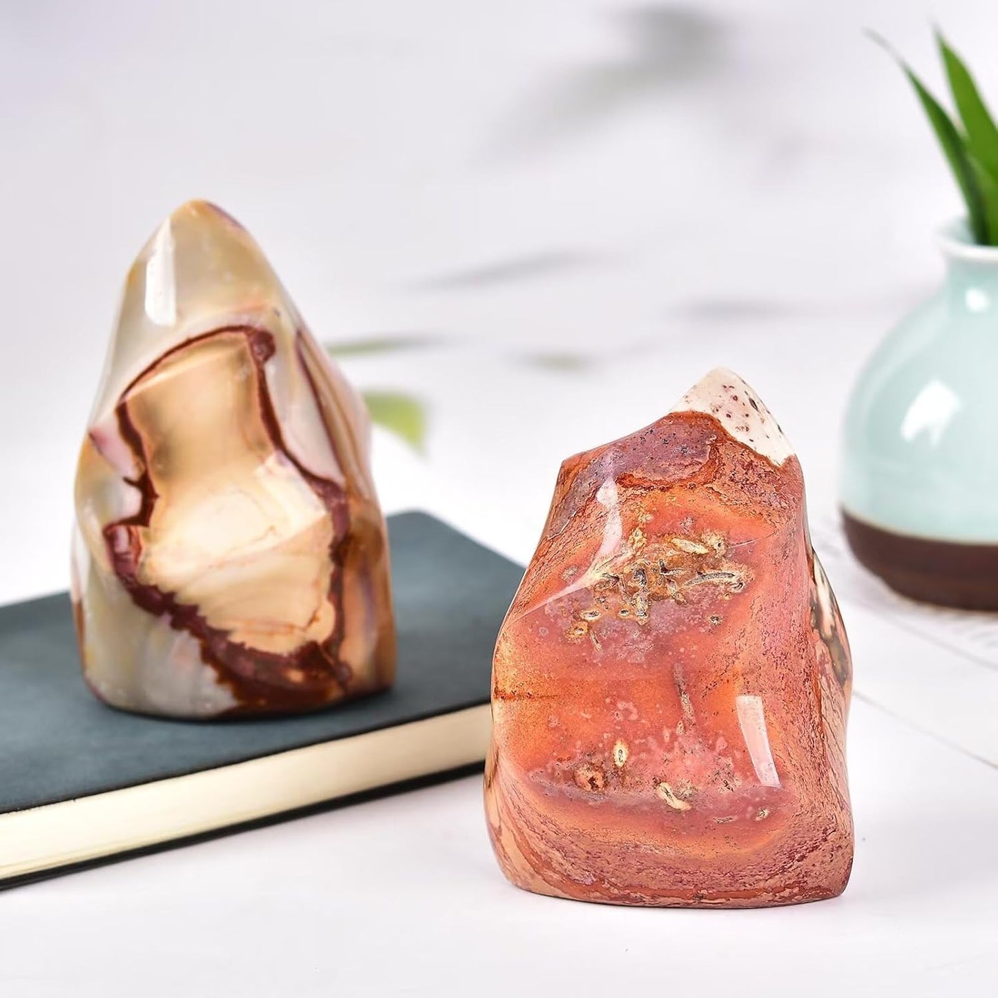 AMOYSTONE Polychrome Jasper Flame Shaped Stone Towers Obelisk Natural Healing Crystal Quartz Reiki Energy Decoration Home Office 1.0 Pound