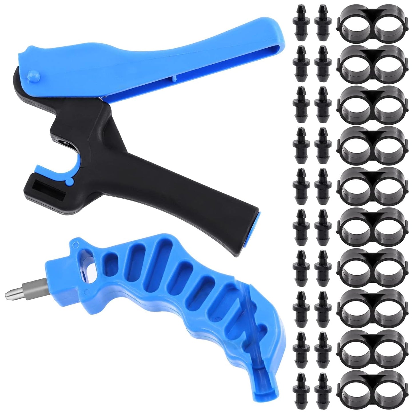 32Pcs Drip Irrigation Tubing Hole Punch & Fitting Insertion Tool with 1/2" 3/8” Drip Tube Closure Connectors End Cap Plugs for 5/8" 25/32" 1" Pipe Garden Greenhouse Agricultural Watering