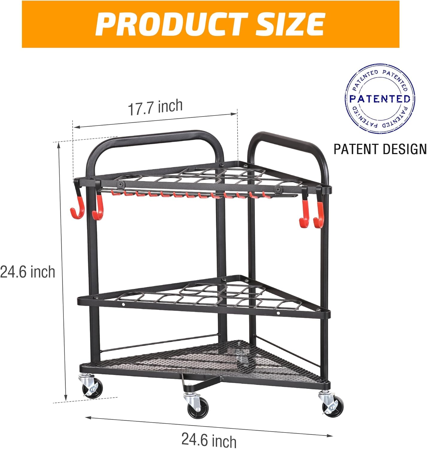 PLKOW Garden Tool Organizer with Wheels and Storage Hooks, Rolling Corner Tool Storage Rack for Garden, Shed, Garage, Powder Coated Steel, Black