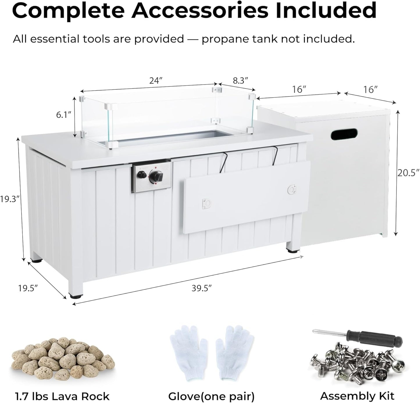 KOL 50,000 BTU Propane Fire Pit Table with Cabinet-39.5in White Gas Fireplace with Glass Wind Guard & Lid, Outdoor Rectangular Cold Rolled Plate Plastic Spraying Firepits for Patio, Backyard, Balcony