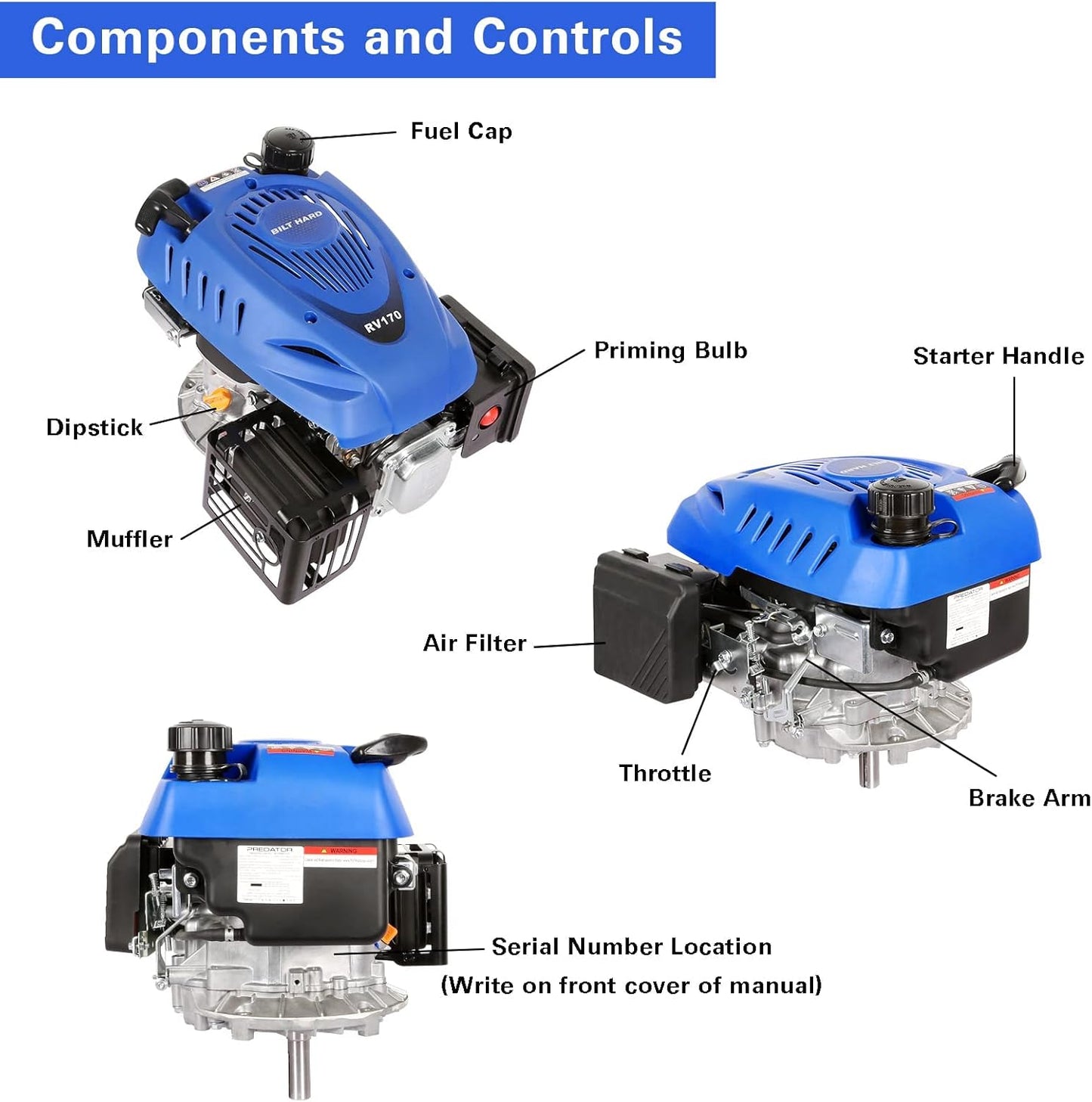 BILT HARD Gas Engine Vertical Shaft, 173cc 4.4 HP 4-Stroke Gas Motor, Replacement Engine for Lawn Mower, EPA & CARB Compliant