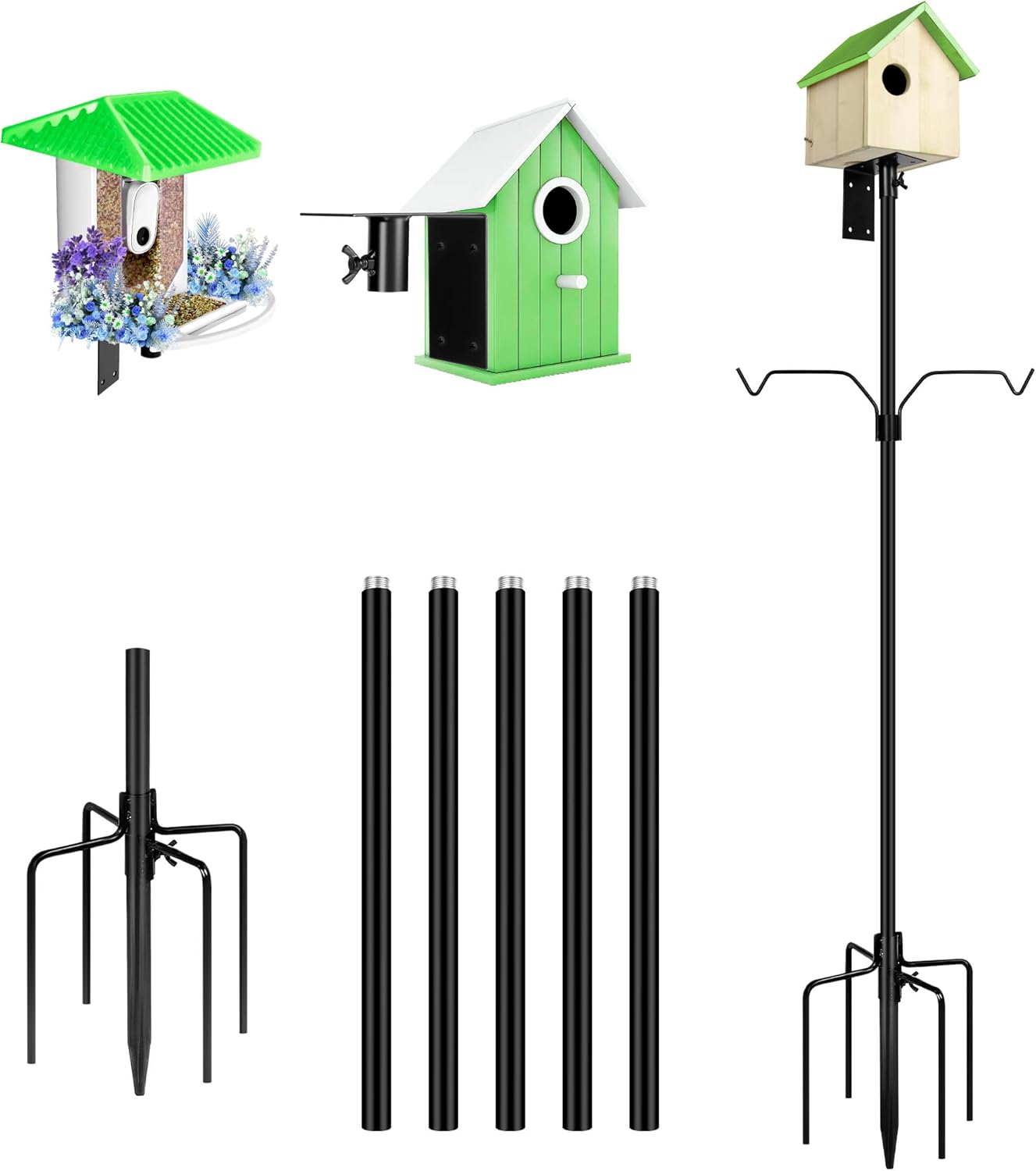 Bird House Pole, 95 Inch Heavy Duty Bird Feeder Pole Mount Kit for Outdoors, Adjustable Bird Feeding Stand, with 2-Hooks, 5-Prong Base for Birds Watching