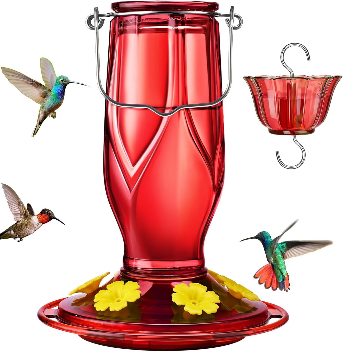 Kingsyard Glass Hummingbird Feeders for Outdoors Hanging, 6 Feeding Ports 16 Ounces Leakproof Bird Nectar Feeder for Garden Porch Fall Decorations, Easy to Refill & Clean, Ant Moat Included, Red