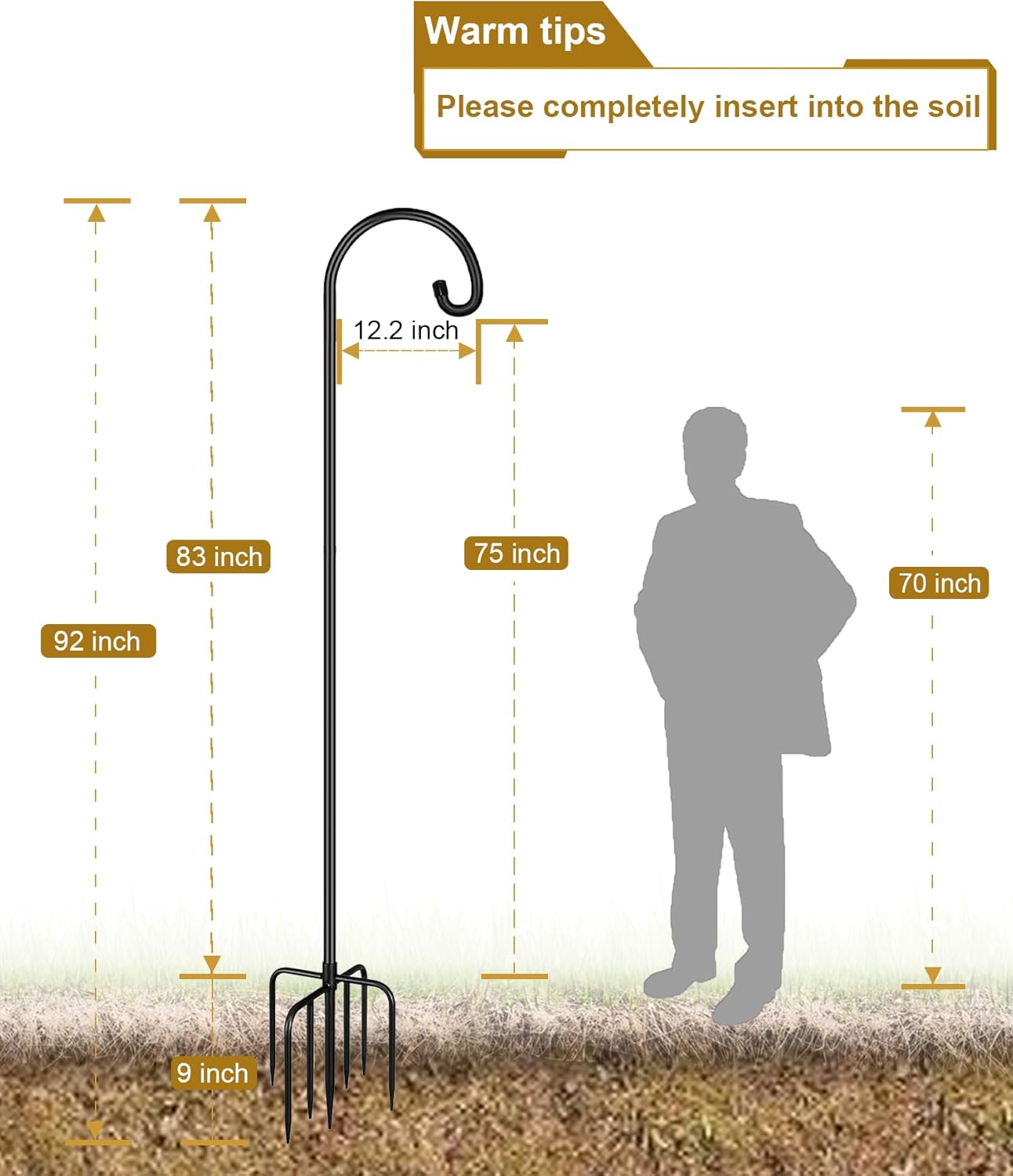 Shepherd Hook 92 Inch Tall Heavy-Duty Metal Garden Hanging Pole Stake for Bird Feeder Pole Plant Baskets, Black (1 Pack)