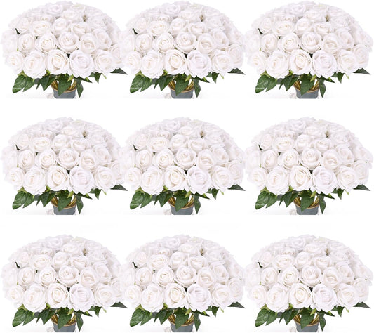 102 PCS Fake Roses Artificial Flowers Bulk, White Roses Bridal Bouquet Silk Faux Rose with Stems for Wedding Flowers Decoration, Valentine's Day, Bridal Bouquet, Anniversary,Home Decor(102PCS, White)
