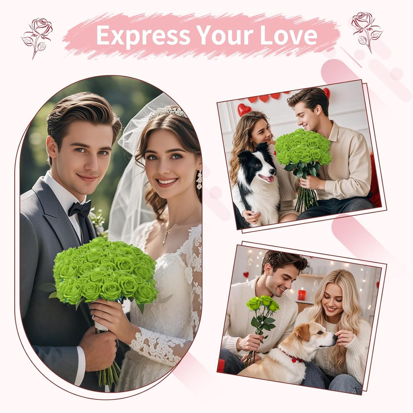 102 PCS Fake Roses Artificial Flowers Bulk, Green Roses Bridal Bouquet Silk Faux Rose with Stems for Wedding Flowers Decoration, Valentine's Day, Bridal Bouquet, Anniversary,Home Decor (102PCS, Green)