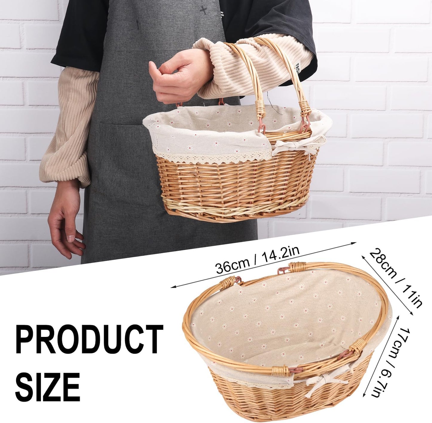 Large Multipurpose Wicker Basket with Handle, 14.2 x 11 x 6.7 in Wicker Picnic Basket with Liner, Empty Gift Basket, Oval Willow Woven Basket for Fruit, Wine, Gathering, Wedding, Picnic, by GNIEMCKIN
