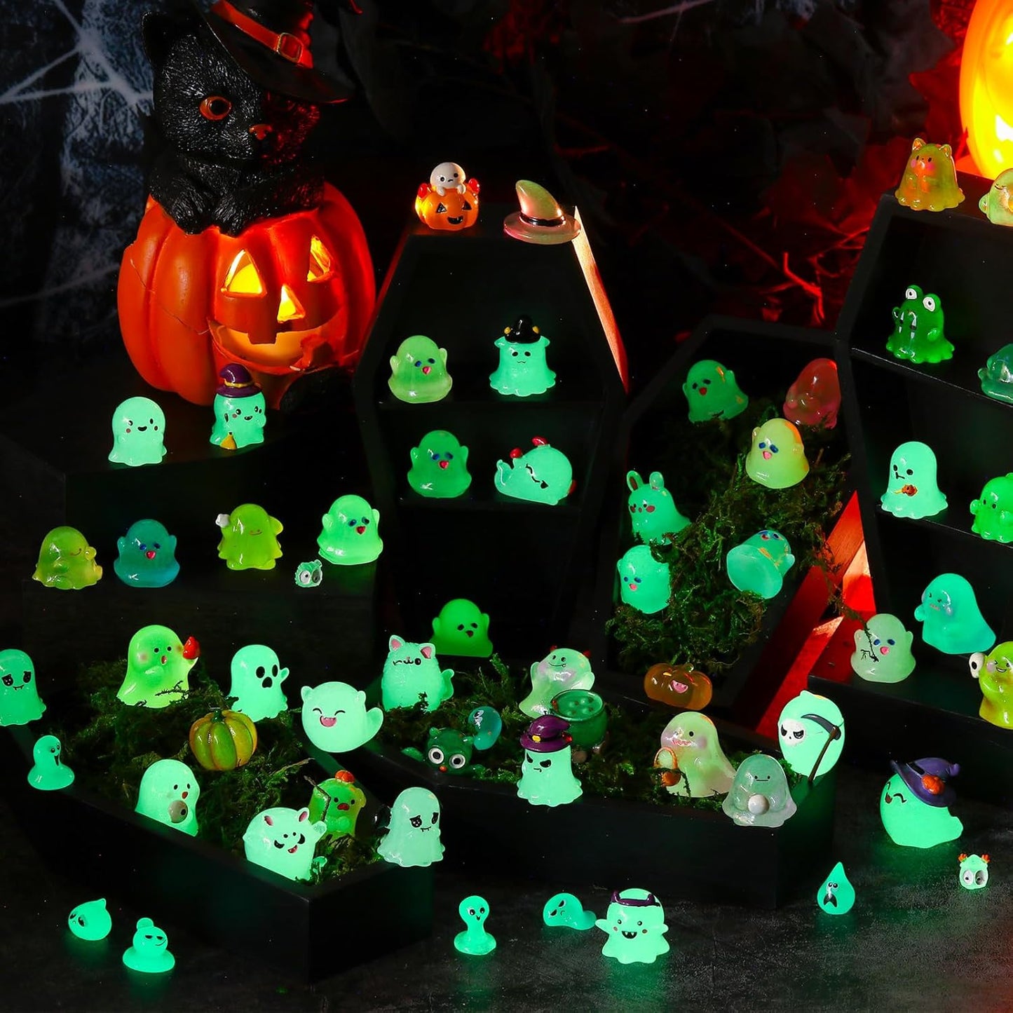 58 Pcs Halloween Luminous Mini Figures Glow in Dark Tiny Resin Figures Set Fairy House Diorama Accessories Halloween Pumpkin Ghost Skull Ornament for Garden Dollhouse Craft DIY (Wizard)